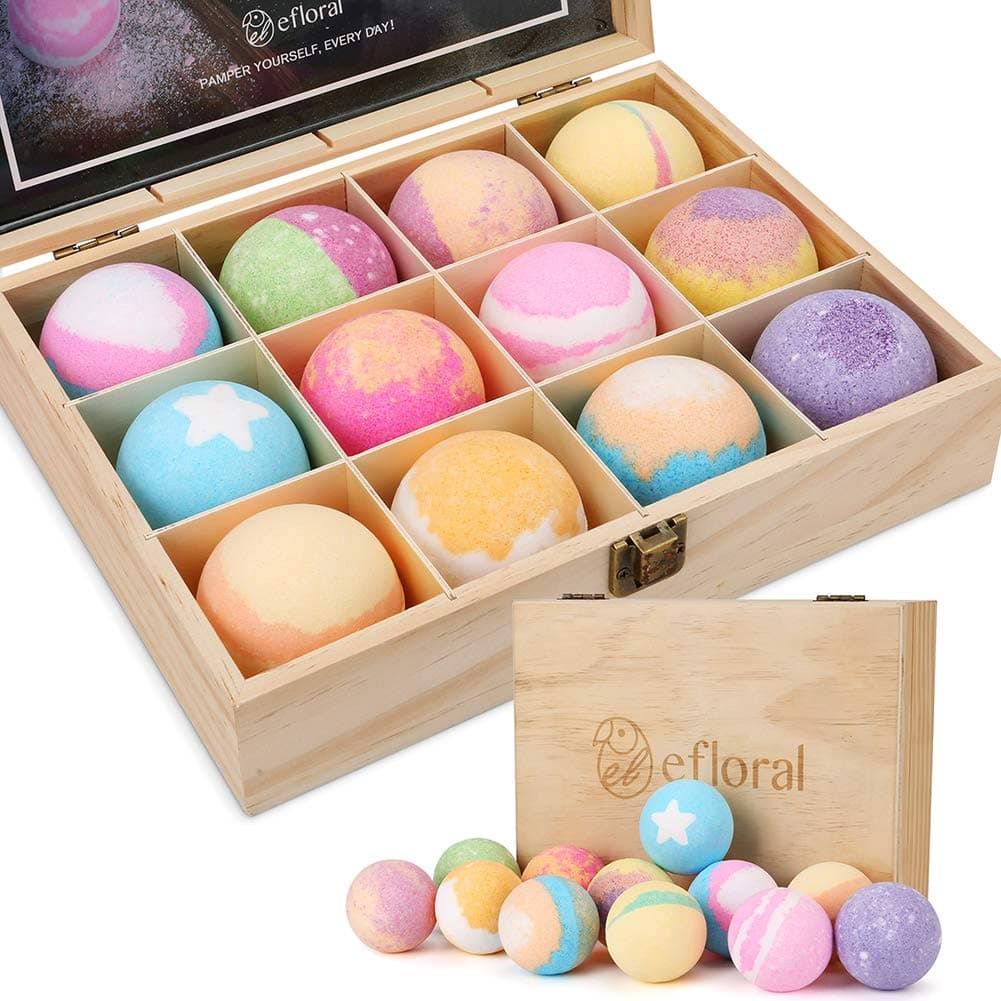 12pcs Bath Bombs Gift Set Retro Wooden Box | 4.2oz Natural Fizzy Spa moisturizes dry skin | Mixed Color Large Organic Relaxation Bubble Bath