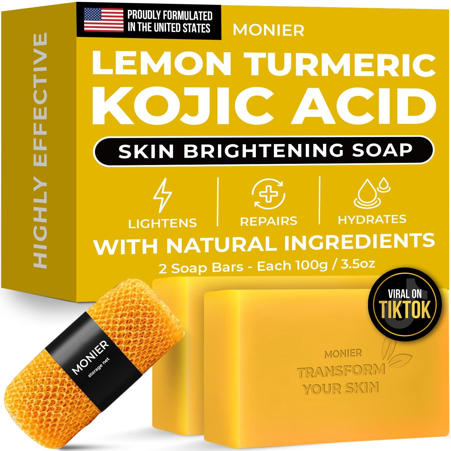 MONIER Brightening Lemon Turmeric Kojic Acid Soap Bars - with Collagen, Turmeric, Coconut Oil, Vitamin C, Vitamin E - Moisturizing & Nourishing - Original Japanese Complex (2 Soap Bars + Storage Net)