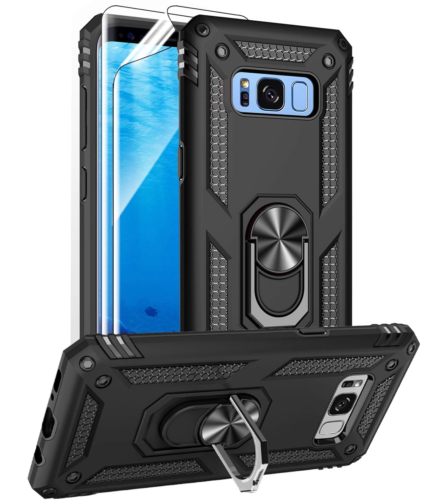 Androgate for Samsung Galaxy S8 Case with HD Screen Protectors (NOT fit S8 Plus), Military-Grade Metal Ring Holder Kickstand 15ft Drop Tested Shockproof Cover Case for Samsung Galaxy S8 (2017) Black