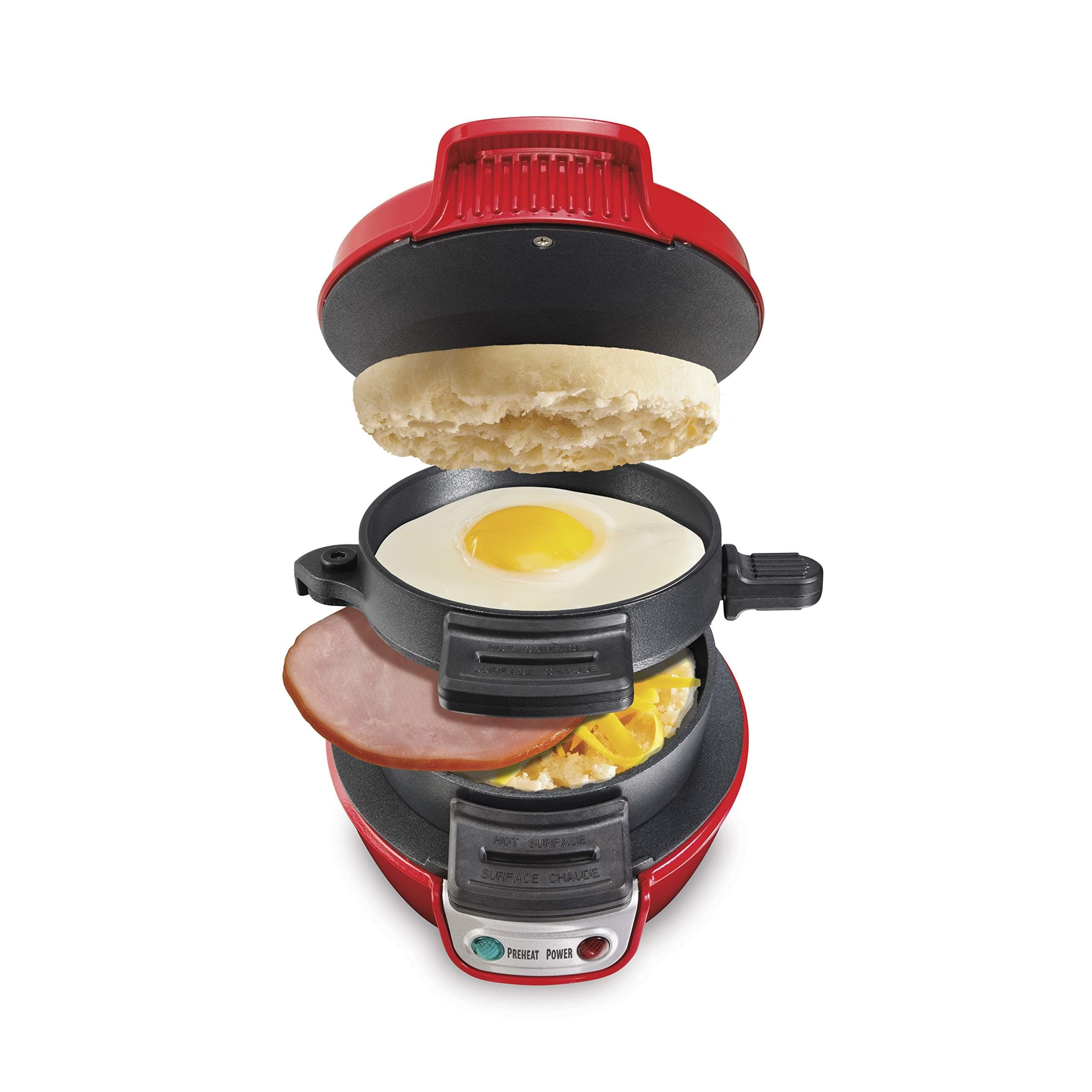 Breakfast Sandwich Maker with Egg Cooker Ring, Customize Ingredients, Perfect for English Muffins, Croissants, Mini Waffles, Perfect White Elephant Gifts, Red (25476)