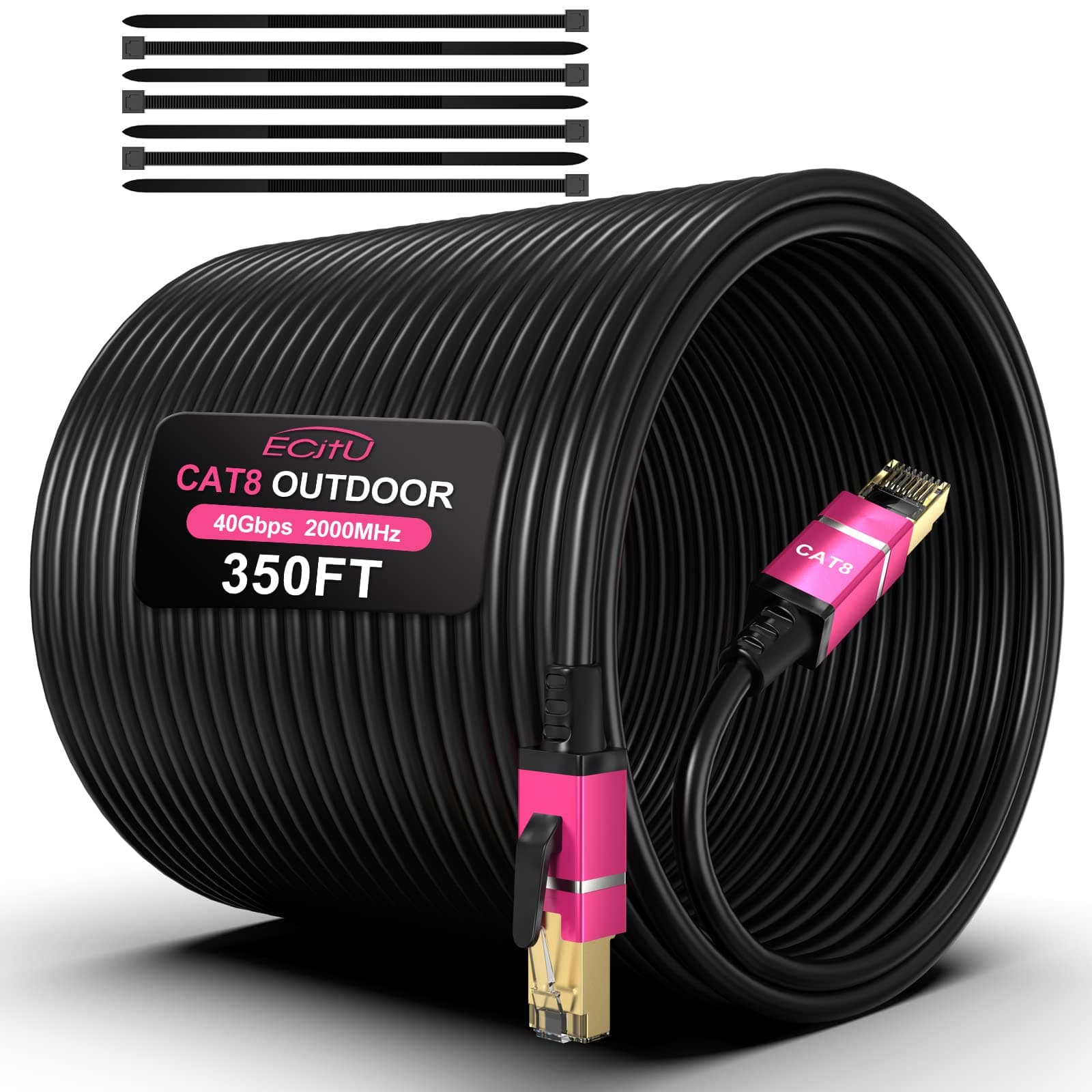 350FT Cat8 Outdoor Ethernet Cable, 26AWG Pure Copper Cat 8, Heavy Duty Direct Burial, In-Ground, LLDPE UV Jacket, Waterproof, 40Gbps 2000Mhz SFTP Patch Cord, POE, Network, Internet, with 25 Cable Ties