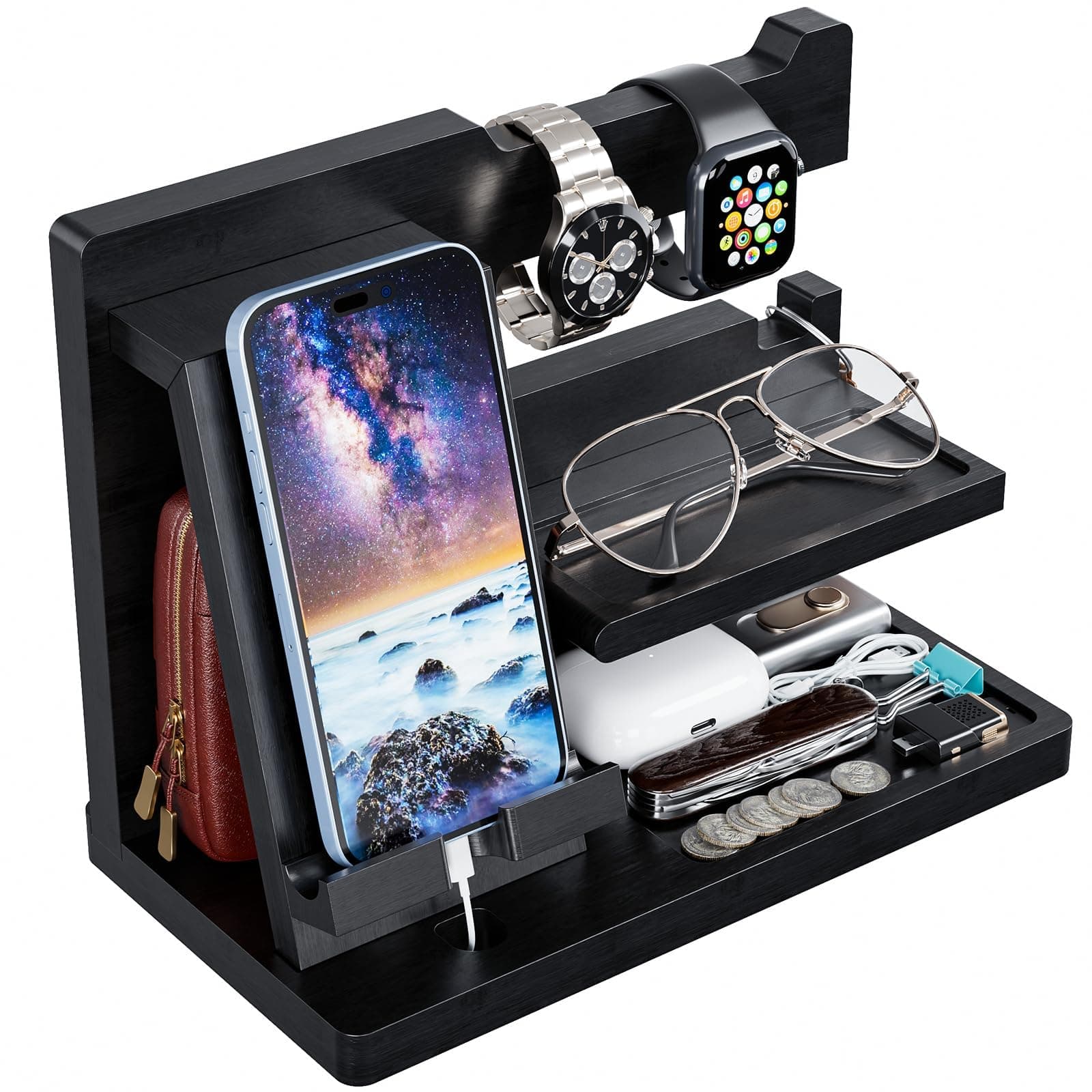 Yirilan Wood Phone Docking Station for Man, Nightstand Charging Organizer and Cell Phone Stand, Birthday Gifts for Men, Dad, Anniversary, Key Holder, Stand Wallet, Watch & Essentials (Black)