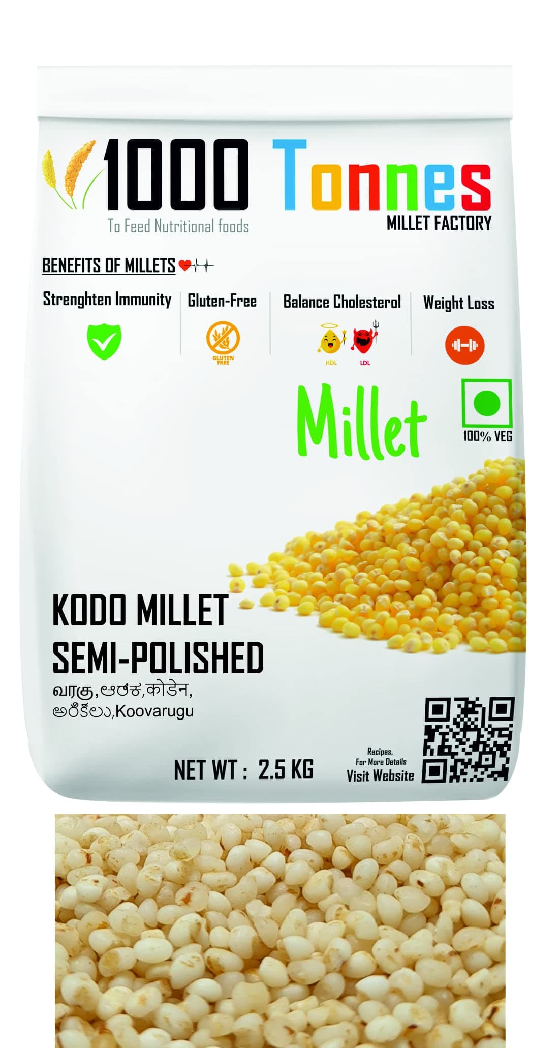 1000 Tonnes Millet Kodo Semipolish millet 2.5KG (EXPORT QUALITY) - ( Kodra, Varagu, Arikelu, Harka, Varigu, koovaragu ) | High Protein & 100% More Fibre Than Rice (2.5KG)