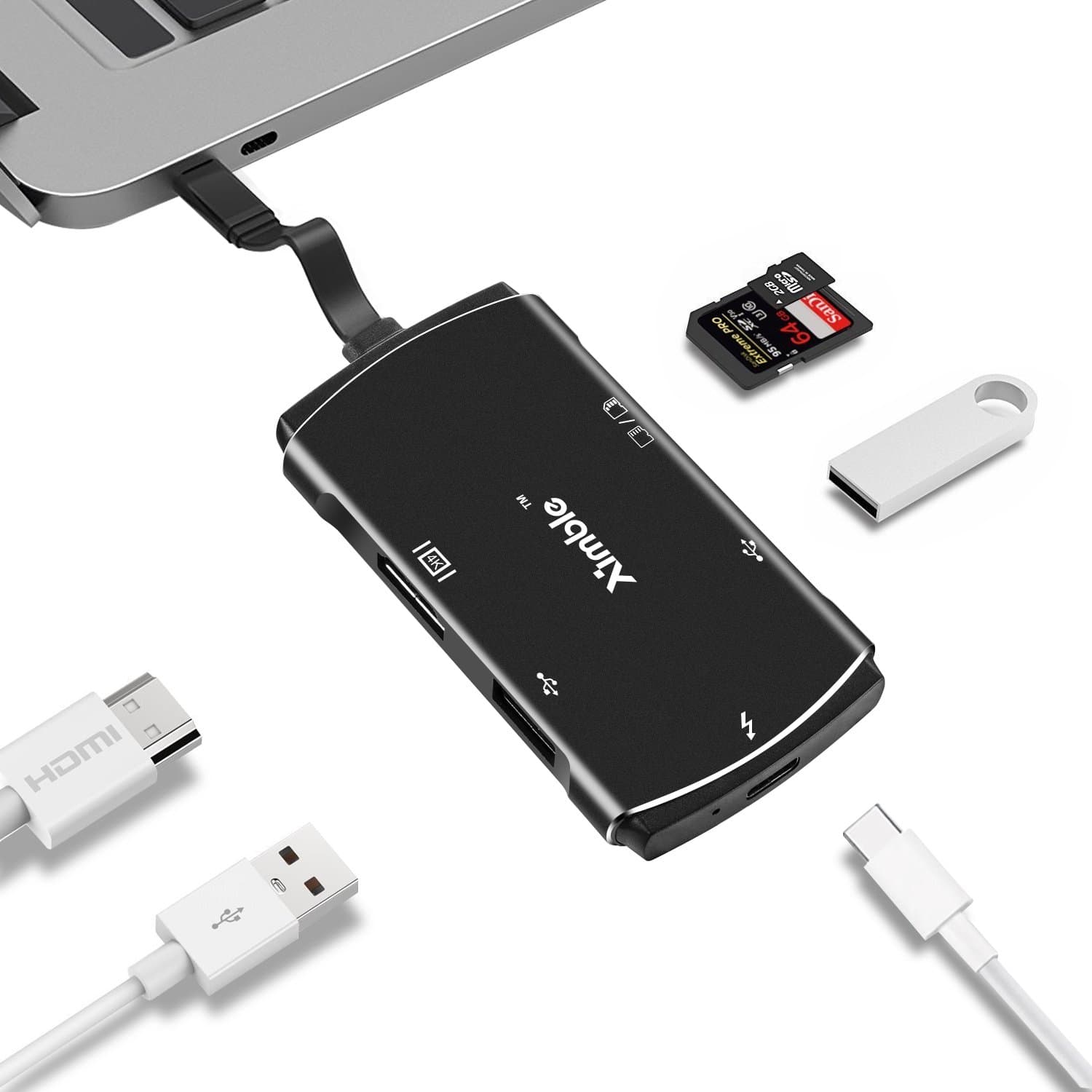 Type C Hub with USB-C Pass Through, SuperSpeed USB, 4K HDMI, SD/TF Card Reader, Aluminum Alloy Material (Black)