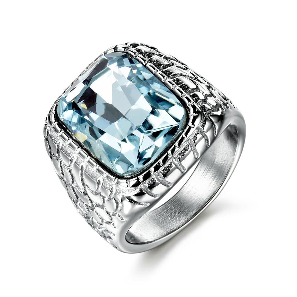 Anti Allergy 316L Stainless Steel Ring Man Synthetic Aquamarine Crystal Engagement Wedding Jewelry
