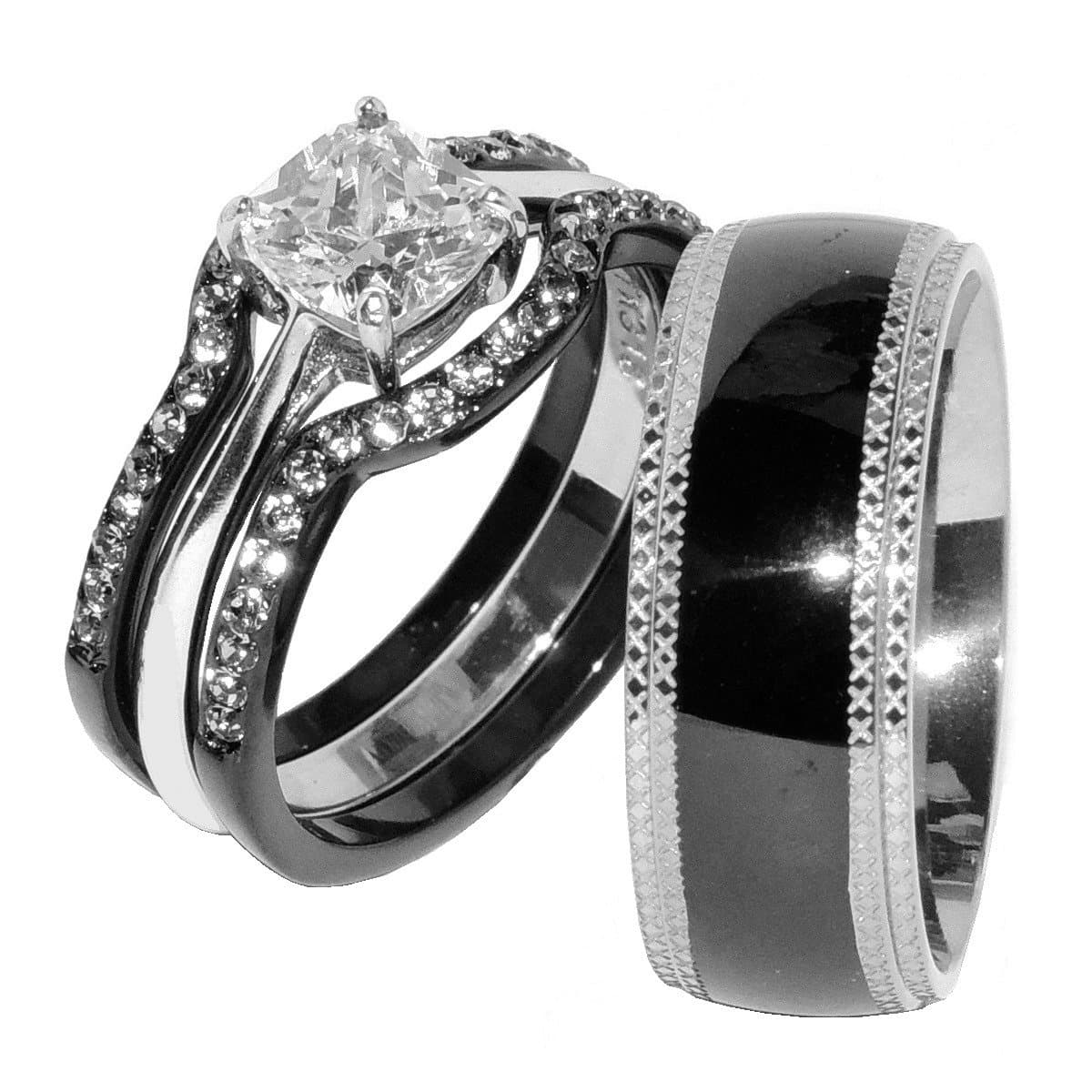 His & Hers 4 PCS Black IP Stainless Steel CZ Wedding Ring Set/Mens Matching Band-SIZE W6M10