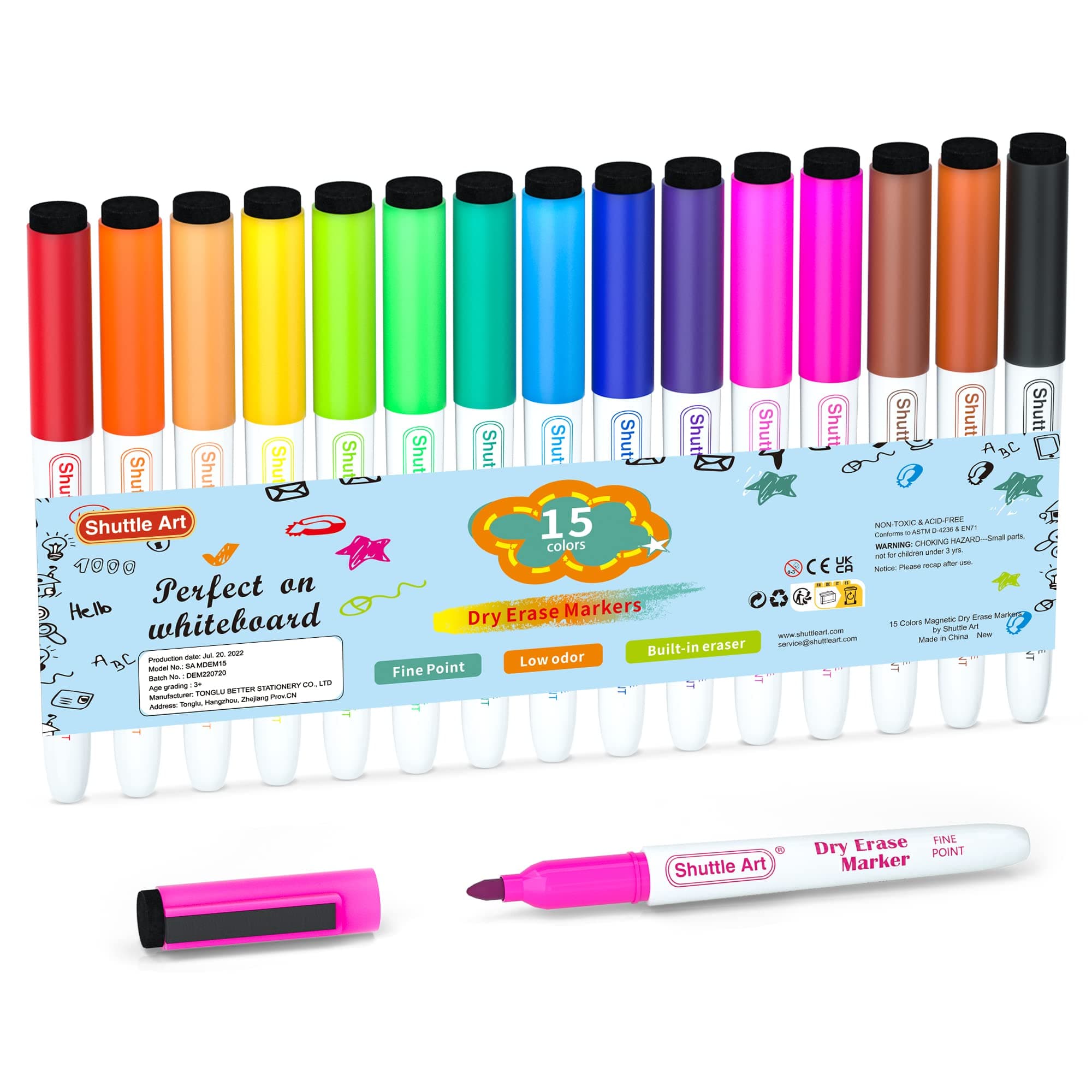 Dry Erase Markers, Shuttle Art 15 Colors Magnetic Whiteboard Markers with Erase,Fine Point Dry Erase Markers Perfect For Writing on Whiteboards, Dry-Erase Boards,Mirrors for School Office Home