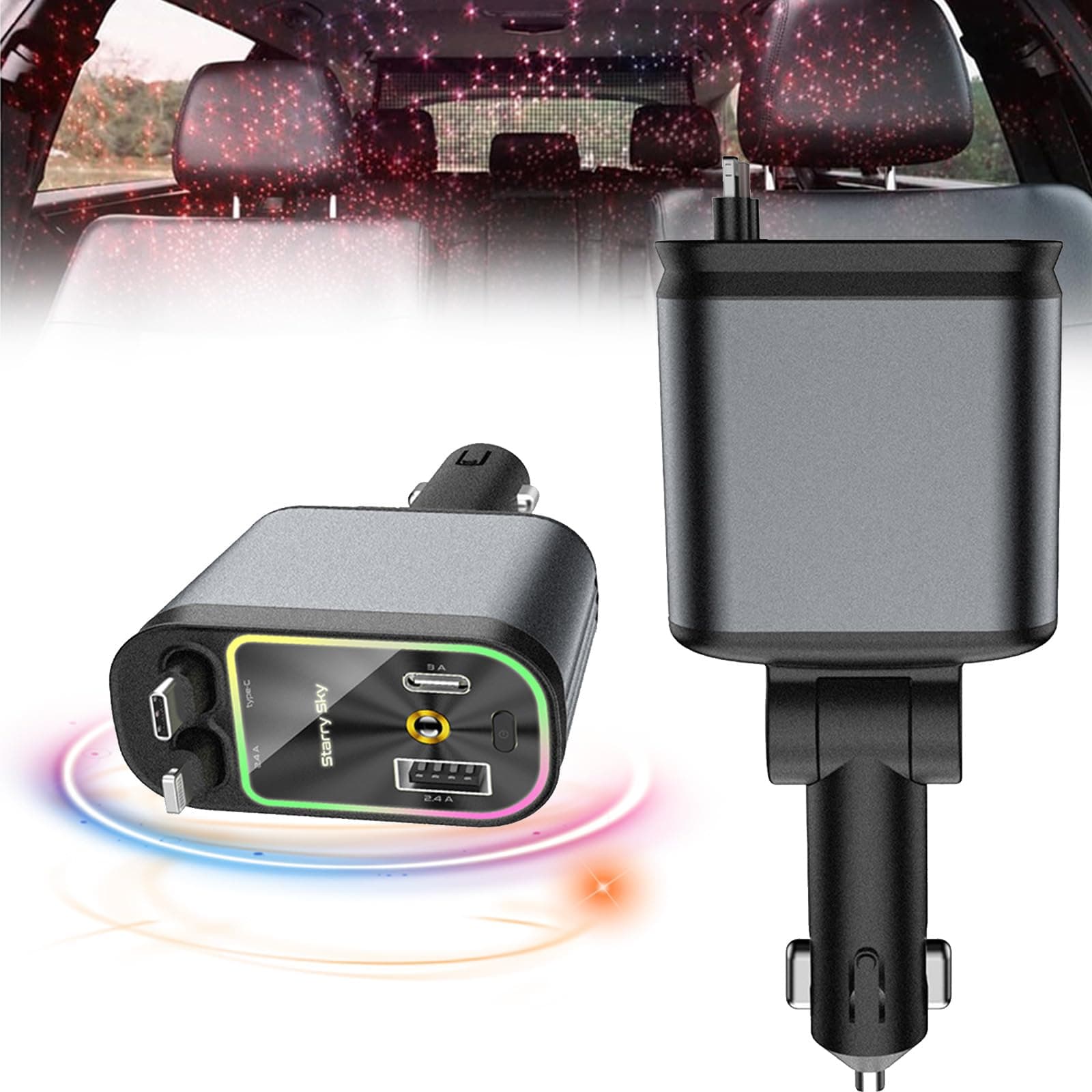 4 in 1 Retractable Car Charger-Starlight in Car Roof,2024 Upgrade 4 in 1 Retractable Charger,Dual USB Ports Type C Adjustable Retractable Fast Car Phone Charging Cable for Multi Device Charging(1pcs)