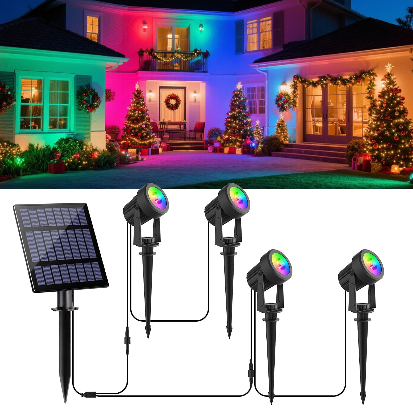 Solar Spotlights Outdoor Garden Lights, RGB Landscape Spot Lights Color Changing, Dusk-to-Dawn Outdoor Stake Lights Waterproof, Auto ON/Off Landscape Lighting for Tree Driveway Patio (4-in-1)