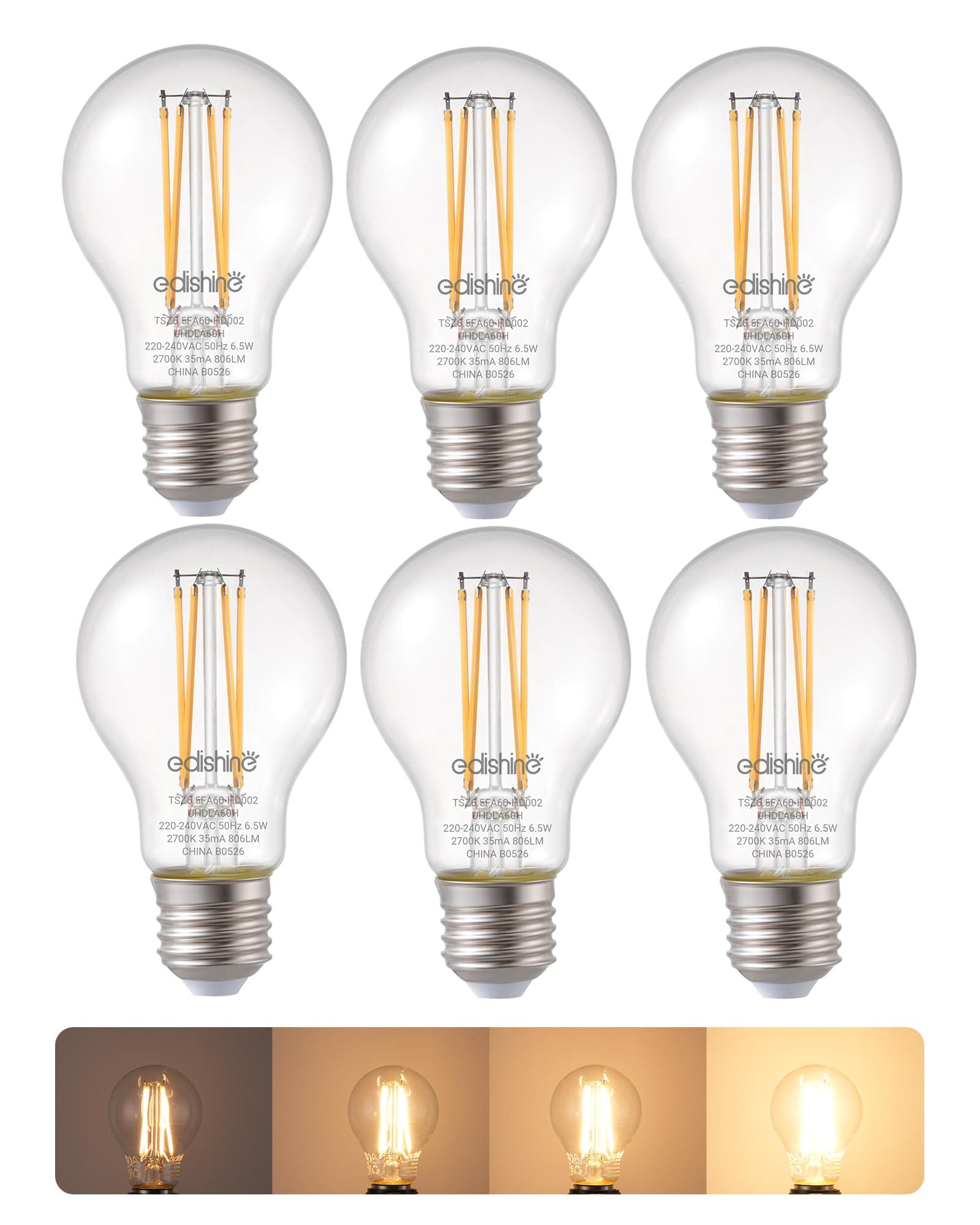 EDISHINE 6 Pack E27 Dimmable LED Edison Bulbs, E27 LED Bulbs Large Edison Screw, 6.5W 2700K Warm White, Flicker Free Energy Saving for Chandelier, Table Lamp