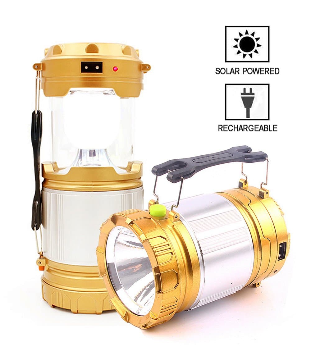 Ultra Bright Portable Outdoor LED Camping Lantern Solar Lamp Handheld Flashlights Collapsible，Multi Purpose (Gold,Collapsible)