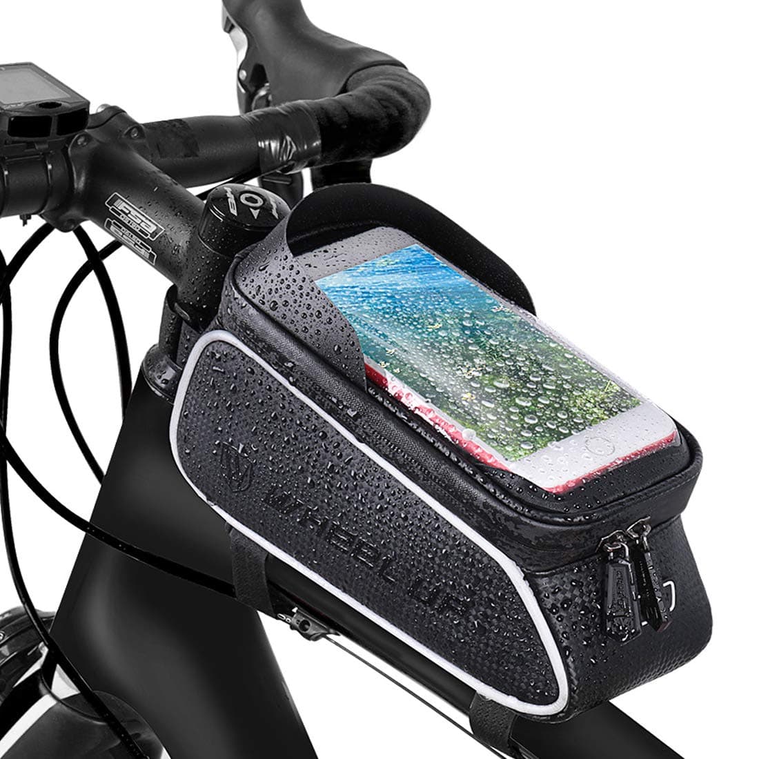 Bike Frame Bag, Bicycle Phone Mount, Waterproof Cycling Front Top Tube Pouch Bike Handlebar Phone Holder Pannier Cycle Crossbar Storage Bags for iPhone 16 15 14 13 12 11 Pro Max Smartphone Below 6.7''