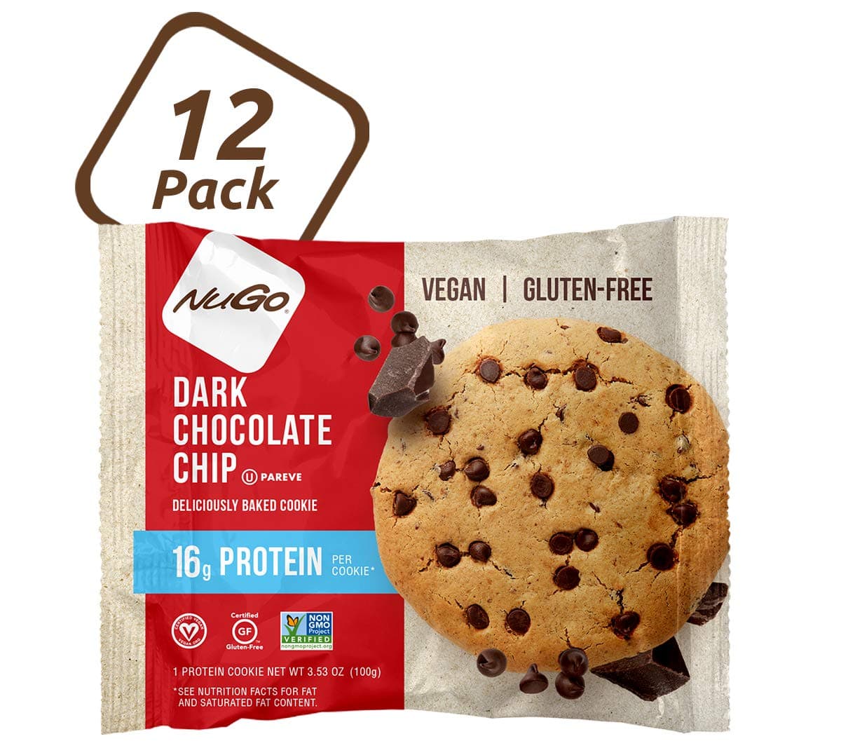NuGo Protein Cookie, Dark Chocolate Chip, 16g Vegan Protein, Gluten Free, Soy Free, 12 Count, 3.53 Ounce