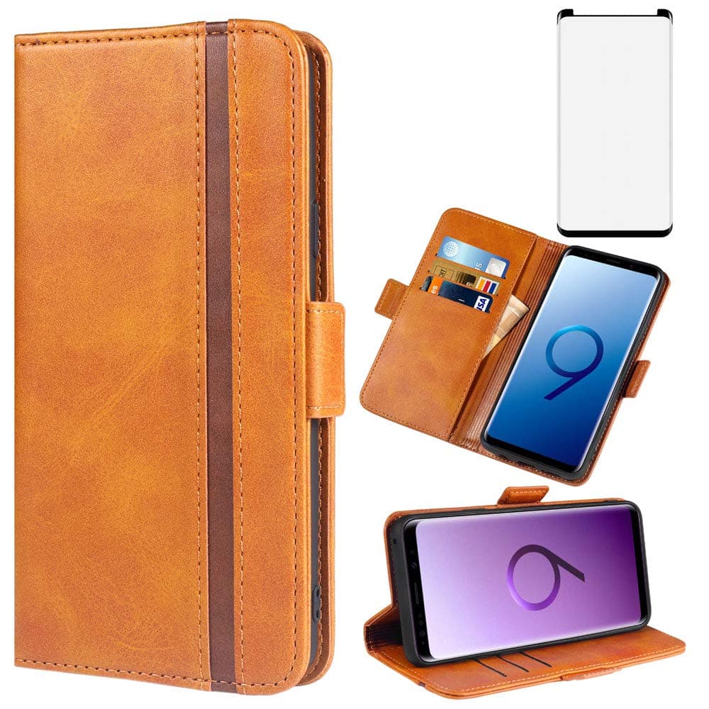 Phone Case for Samsung Galaxy S9 Leather Wallet Cases with Tempered Glass Screen Credit Protector Accessories Card Holder Full Body Flip Folio Cover Glaxay S9 Edge Galazy 9S GS Women Girls Brown