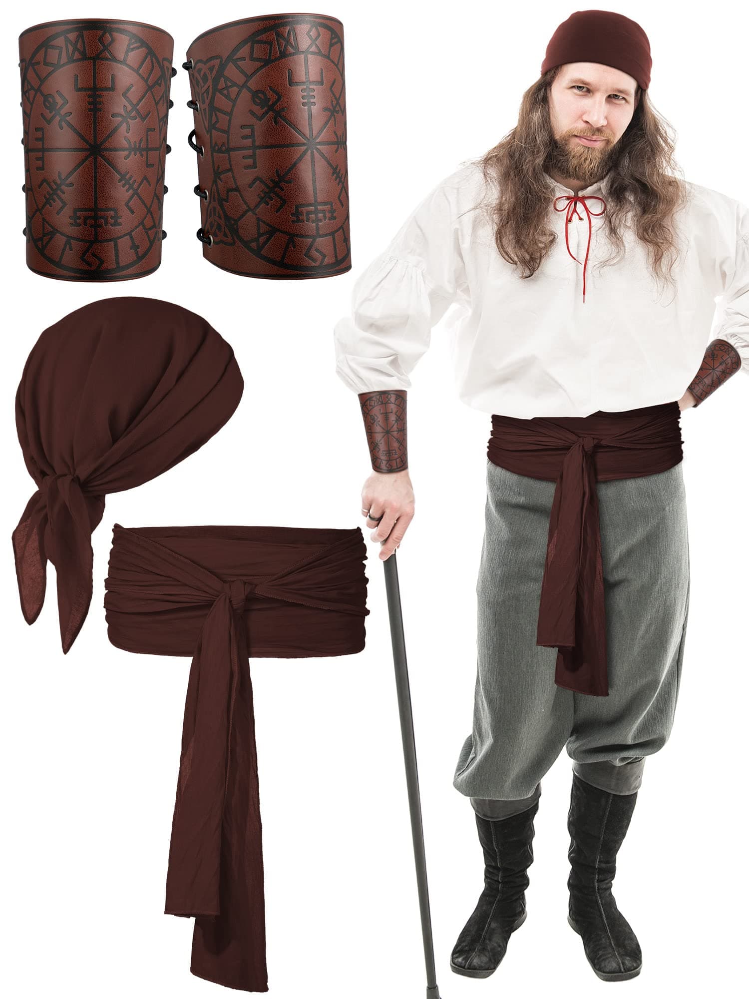 4 Pcs Pirate Costume Adult Pirate Bandana Sash Leather Arm Armor Accessories Men Women Medieval Renaissance Halloween