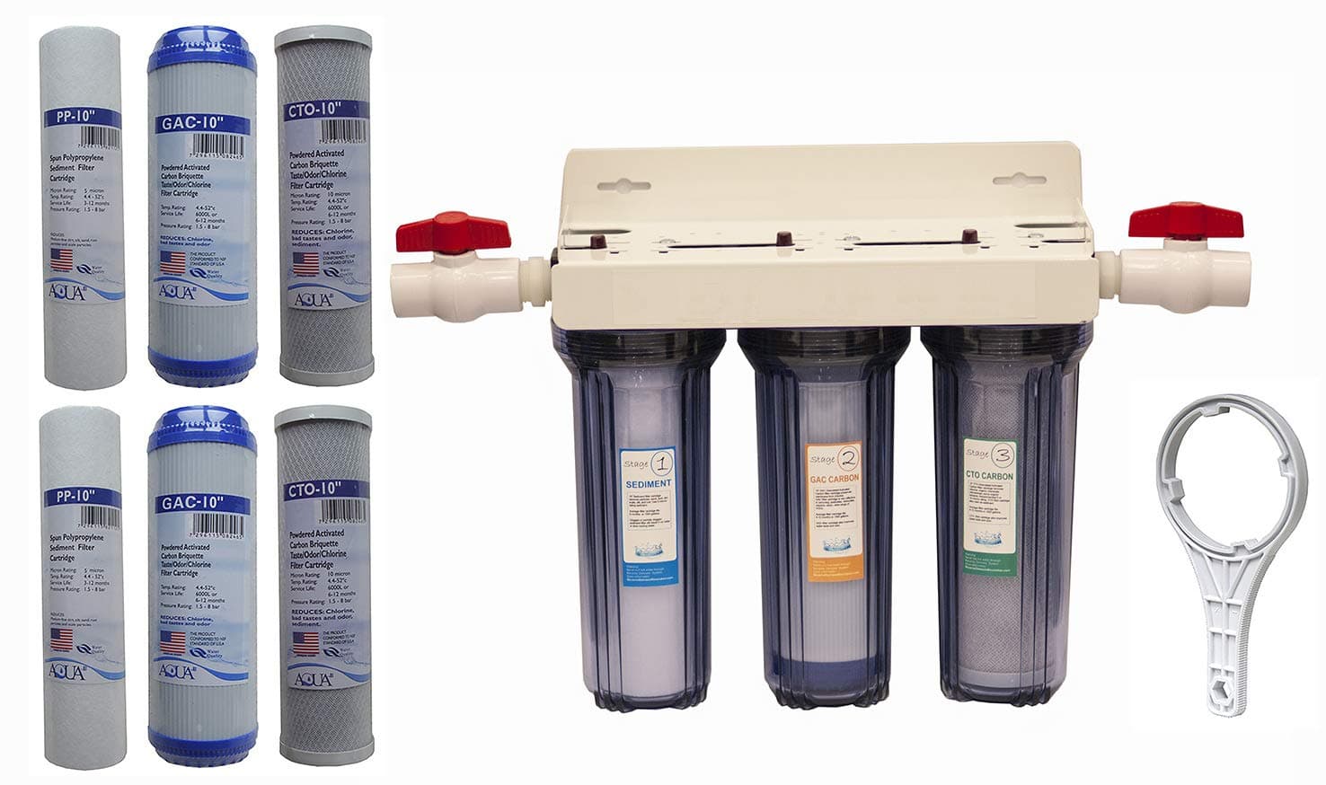 Whole House 3-Stage Water Filtration System, 3/4" port with 2 valves and extra 1 year filter supply (2 sets, 6 pcs)
