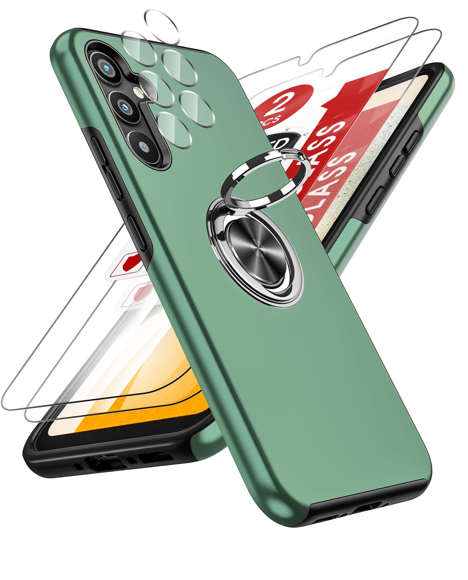 LeYifor Samsung Galaxy A34 5G Case: and 2 Tempered Glass Screen Protector &2 Camera Lens Protector, with 360 Ring Holder Stand Magnetic Shockproof Heavy Duty Protective Phone Cover for A 34 QGreen