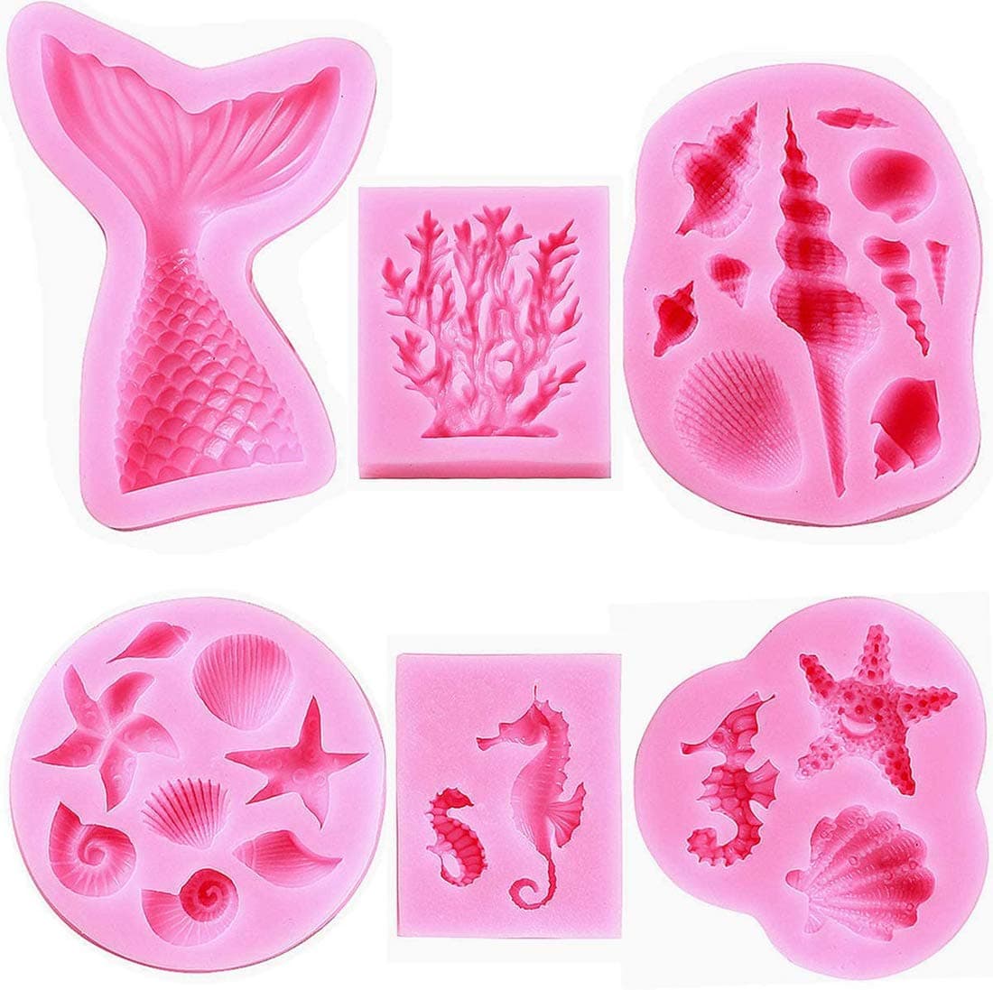SYOSI Marine Theme Fondant Silicone Mold Silicone Seashell Sea Life Chocolate/Fondant/Candy Baking Mold For Cake Decor DIY Handmade Baking Tools for Mermaid Theme Cake Decoration(6pack)