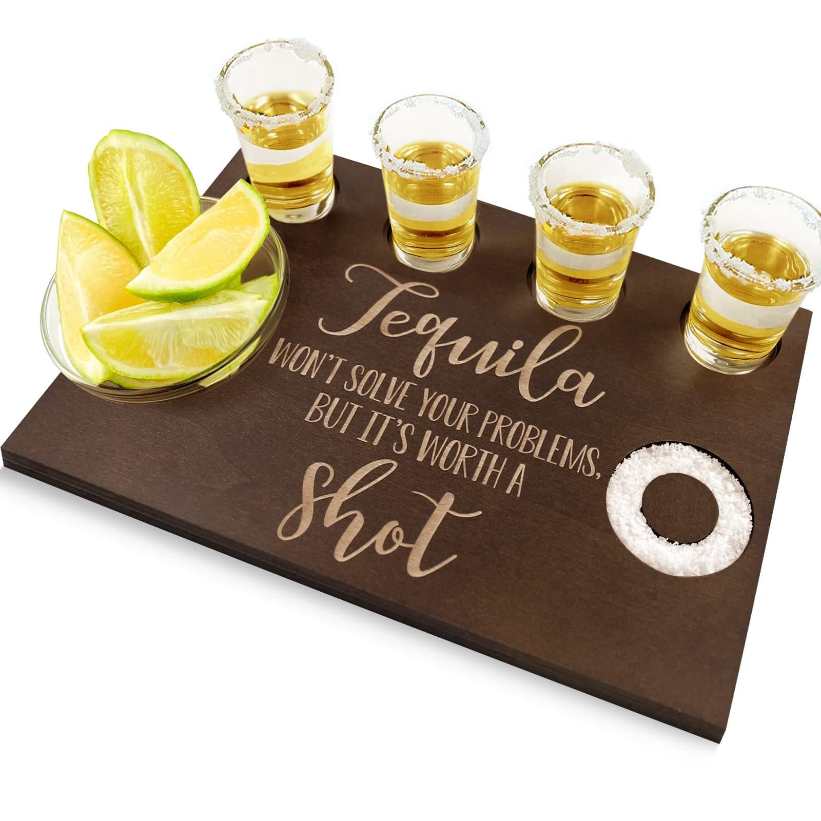 Tequila Gifts for Women and Men - Shot Board and Glass Holder Wooden Bar Tray with Salt Rim - for Liquor, Parties, Weddings, Housewarmings