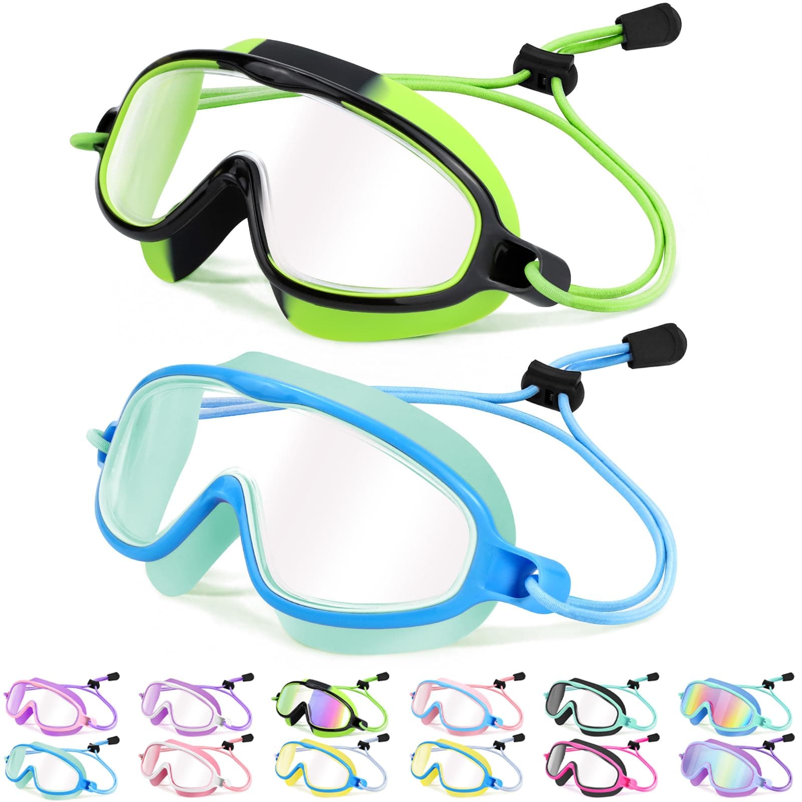 Vvinca Kids-Swim-Goggles with Bungee Strap Wide View Anti Fog UV Swimming Mask Pool Goggle for 3-14 Toddlers Girls Boys
