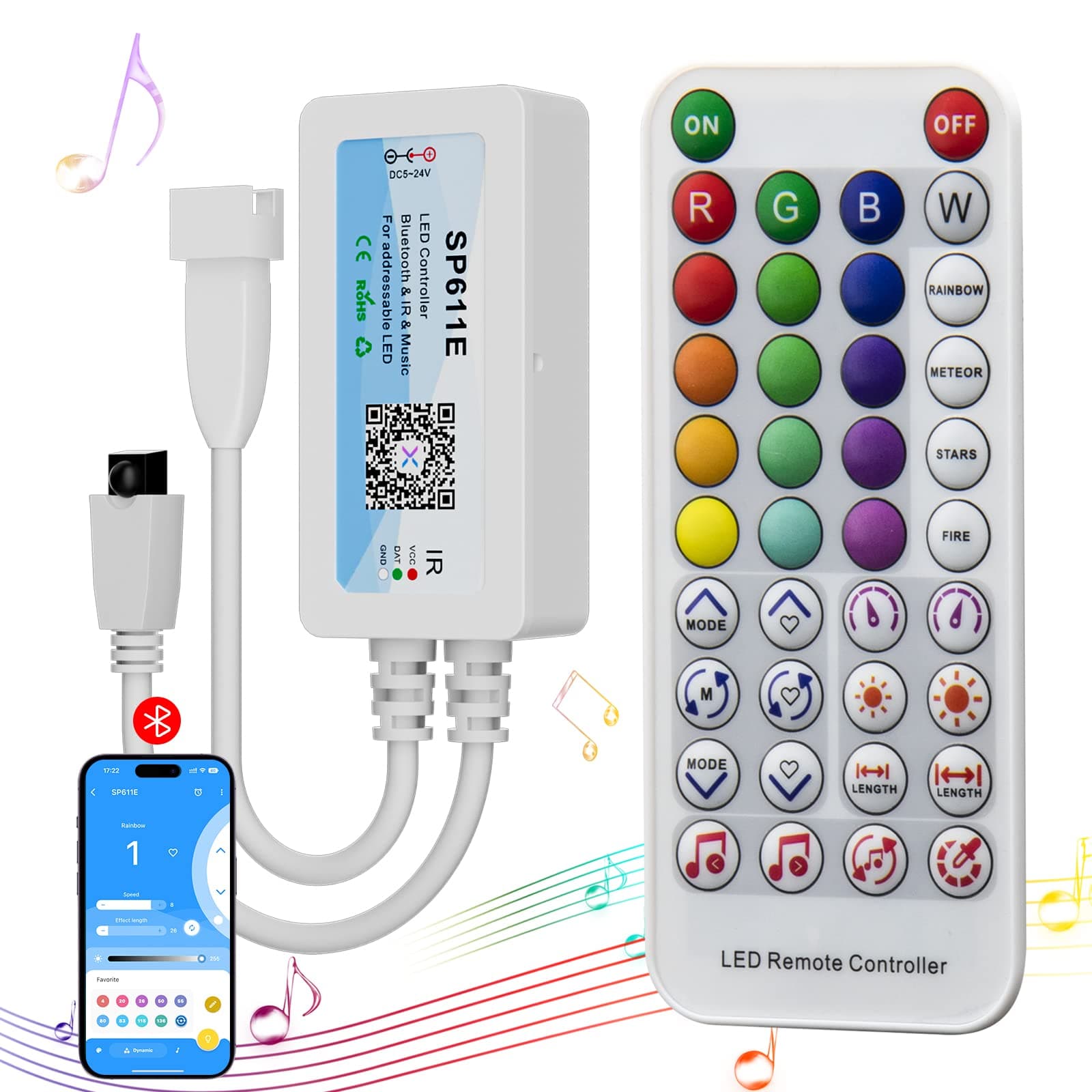 Bluetooth Music Pixel LED Smart Controller SP611E,for WS2811 WS2812 SM16703 Addressable Dream Color LED Strip Pixels Light DC5V-24V APP/IR Remote Control(NOT for RGB LED Strip without Smart IC)