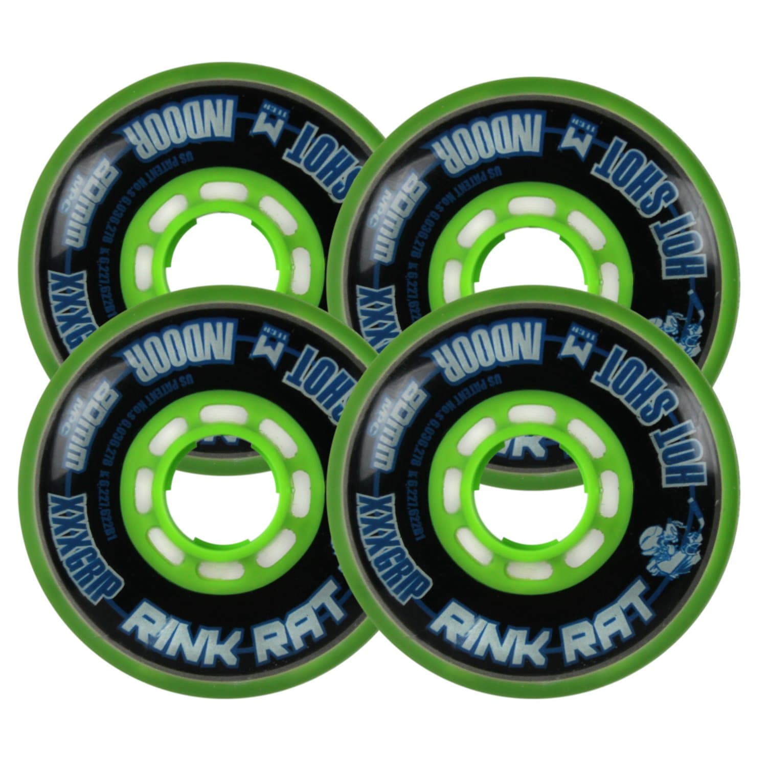 Rink Rat Wheels 80mm 76a Hotshot XXX 4-Pack Black/Green Inline Indoor Hockey