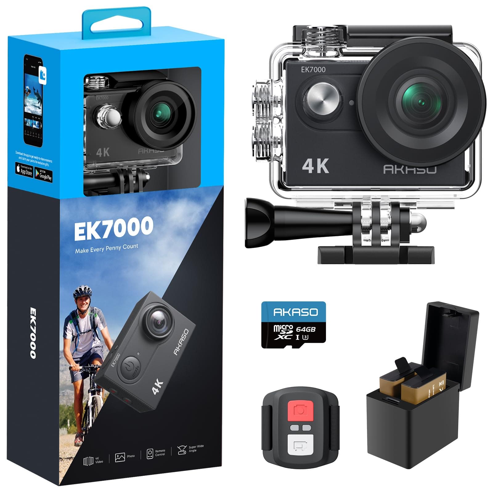 EK7000 4K30FPS Action Camera with 64GB microSDXC Memory Card - 20MP Ultra HD Underwater Camera 170 Degree Wide Angle Waterproof Camera with Accessory Kit