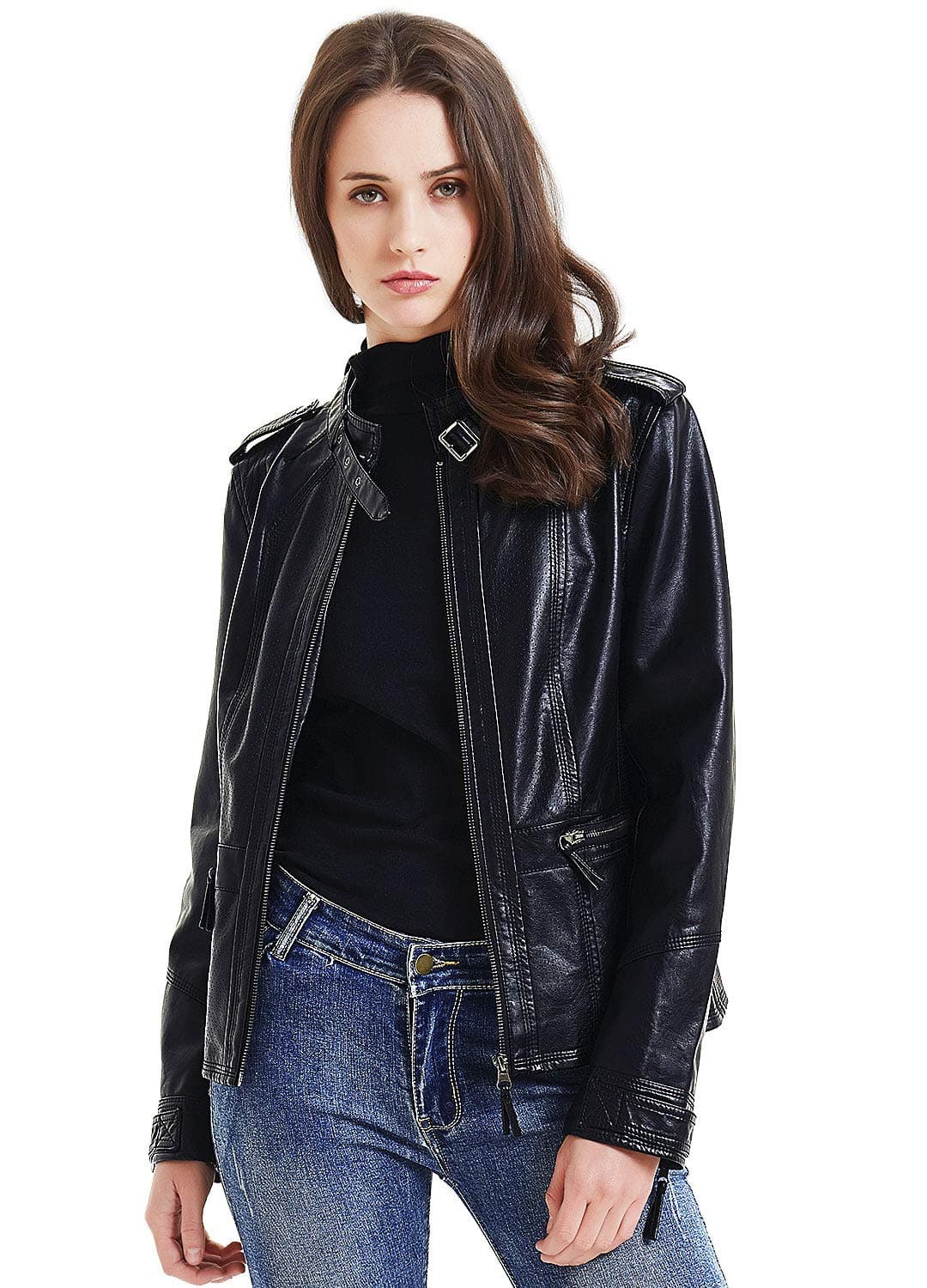 Women's Faux Leather Jacket Ladies Girls Fashion Zip Up Motor Biker Jacket Coat (Black,XS to XXL)