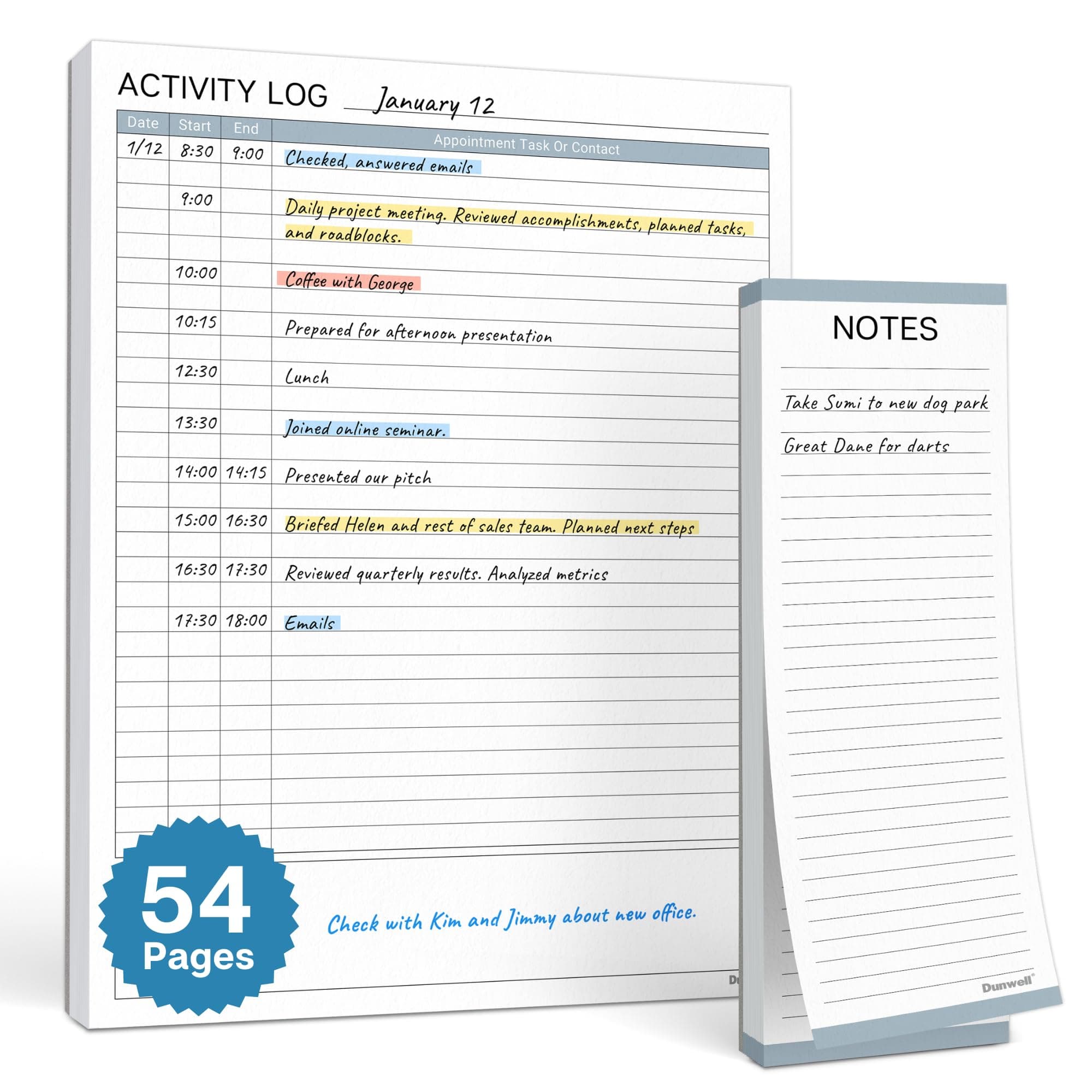 Dunwell Activity Log Notepad (8.5x11"), 54 Sheets, Time Sheet Pad, Desktop To Do Task Planner, Use for Daily Tasks, Home, Office, and Shop Appointments
