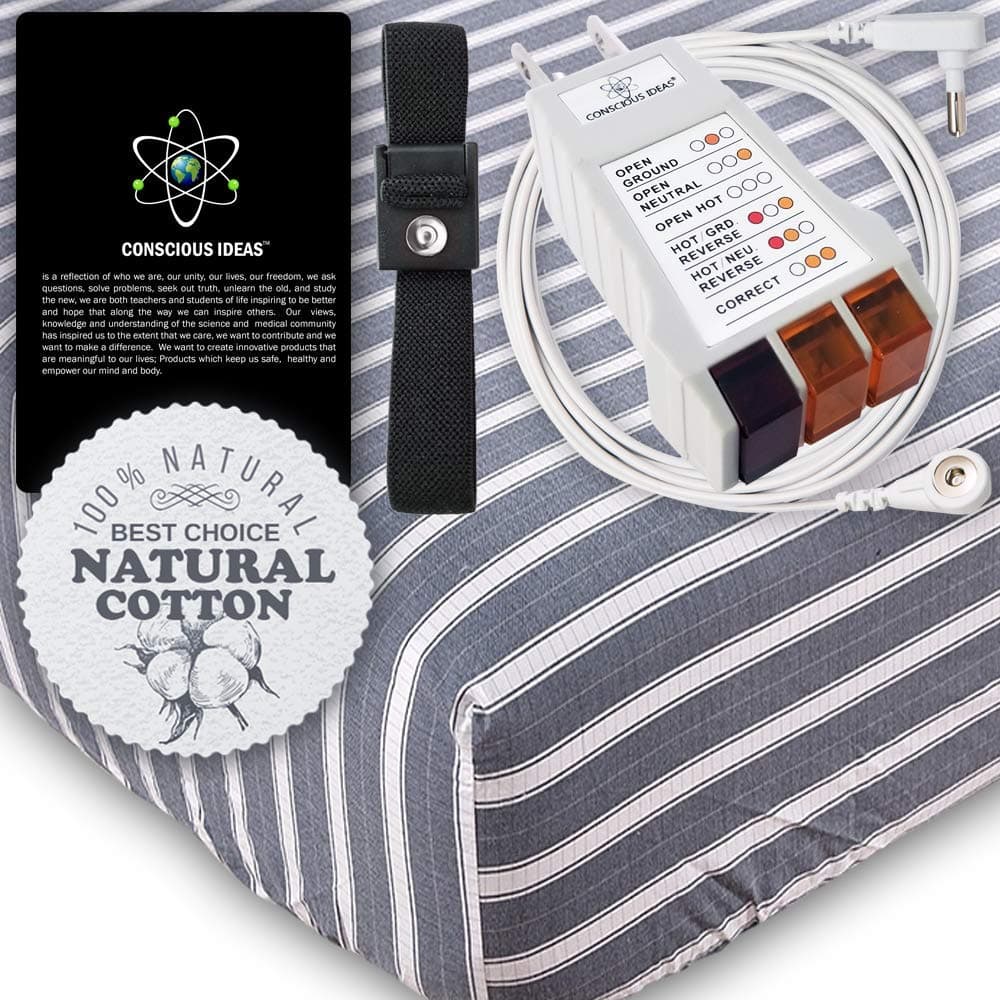 Earthing Grounding Sheet Grounded Fitted Mattress Sheets (Blue Jean white Strips) Conductive 400TC 95% Natural Cotton 5% Pure Silver Thread Healthy Earth Energy therapy bedding USA Tester (Queen Size)