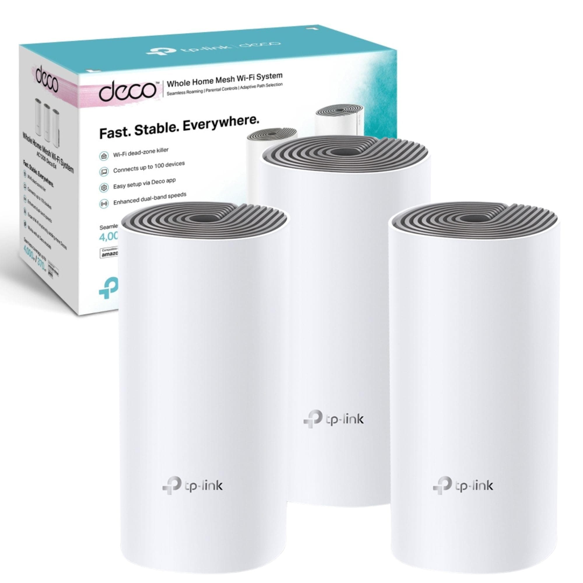 TP-Link Deco E4 Whole Home Mesh Wi-Fi System, Seamless and Speedy (AC1200), 2×100Mbps Ethernet Ports, Work with Amazon Echo/Alexa, Router and WiFi Booster Replacement, Parent Control, Pack of 3