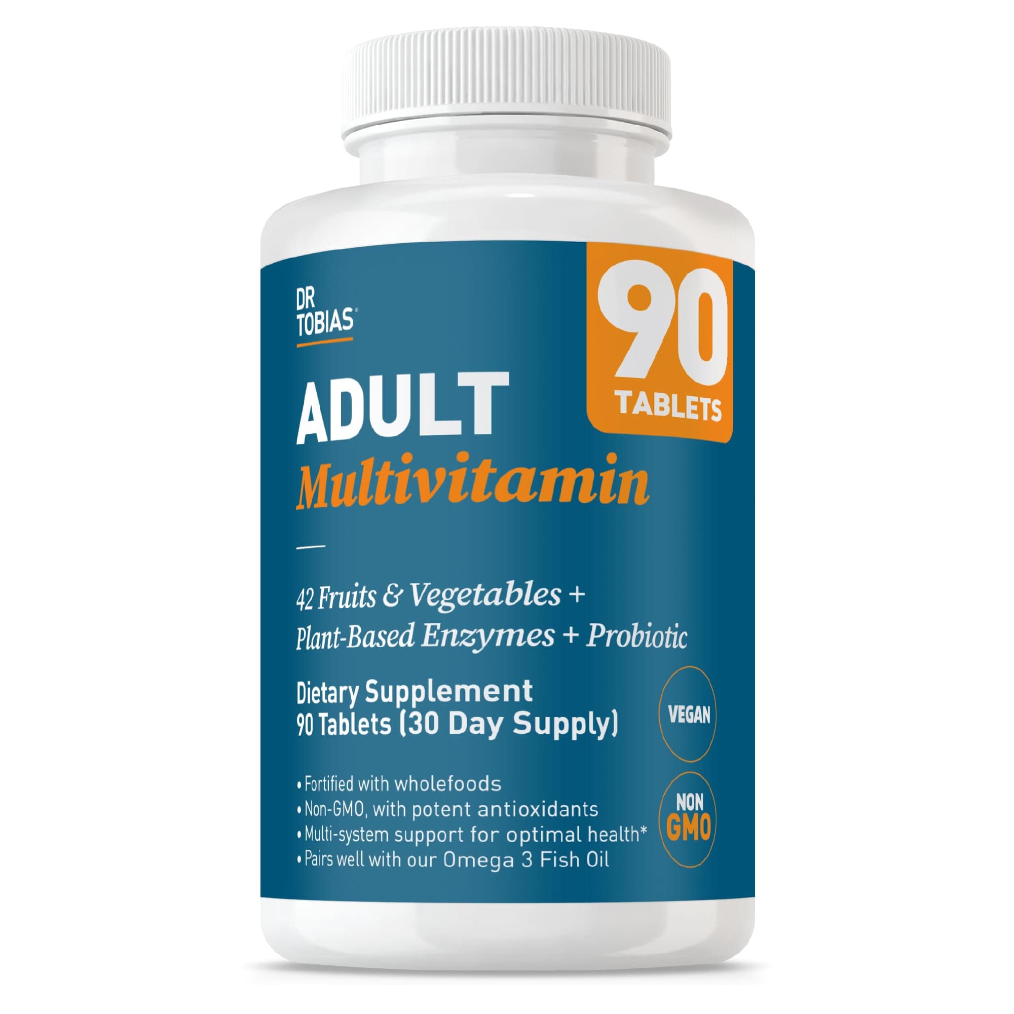 Dr. Tobias Adult Multivitamin for Women & Men - Immune Supporting Vitamins from 42 Fruits, Vegetables, Plus Probiotics, Vegan Multivitamins for Men & Women - Non-GMO (90 Tablets, 30 Servings)