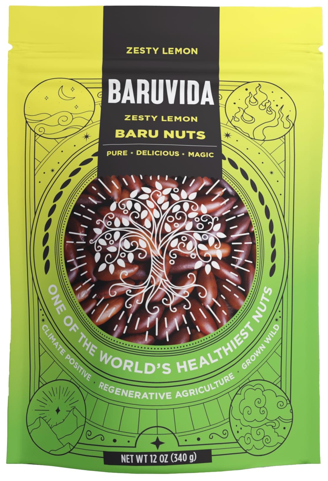 Baruvida Baru Nuts Zesty Lemon Flavor | World's Healthiest Nut | Crunchy and Delicious | Healthy Snack | High Protein, Lowest Fat and Lowest Calorie Nut | Suitable for Vegan, Gluten Free, Keto, Peanut Free | Naturally Non GMO | SUPERFOOD with SUPER TASTE | 12oz (340g) Resealable Bag