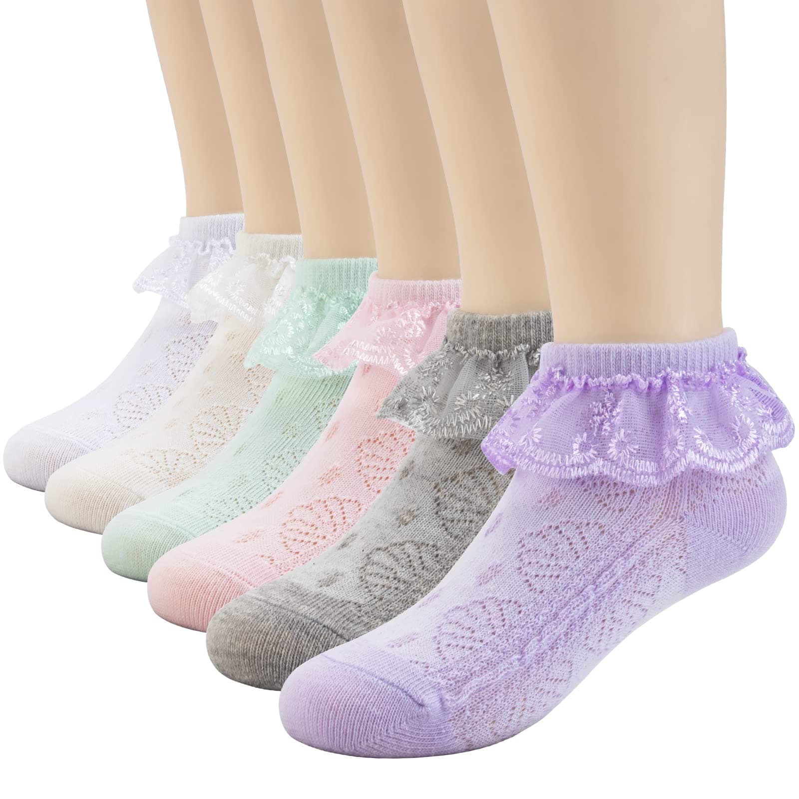 Pack of 6 Baby Toddler Girls Eyelet Ruffles Lace Frilly Socks Newborn Infant Cotton Princess Dress Ankle Socks(0-4T)