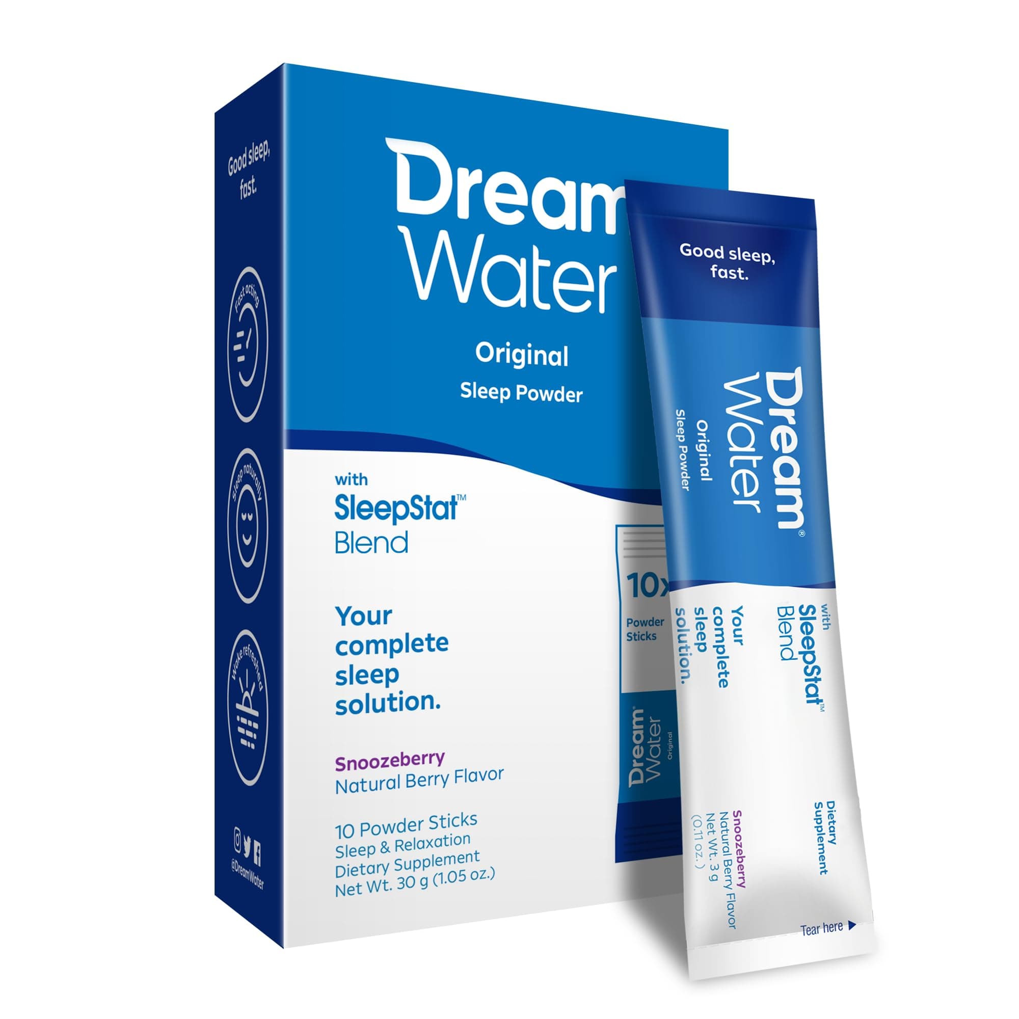 Dream Water Sleep Aid Powder; Melatonin 5mg, GABA, 5-HTP; Natural Flavors; Helps You to Fall Asleep, Fast, and Wake Refreshed; Snoozeberry, 10-Count