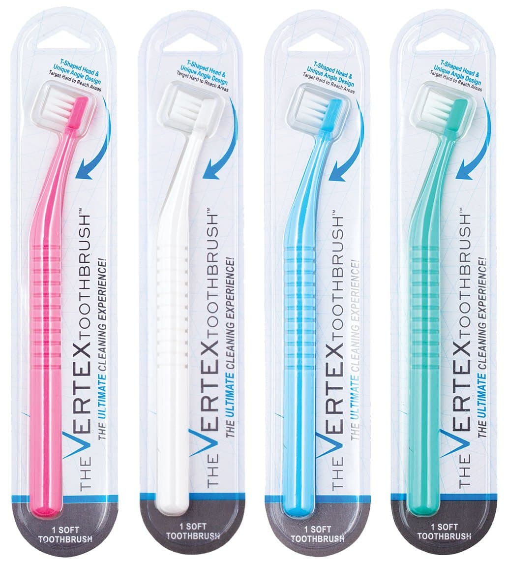 Vertex Toothbrushes, Unique Dental Tool-Inspired Design, Pink/White/Blue/Green, 4 Count