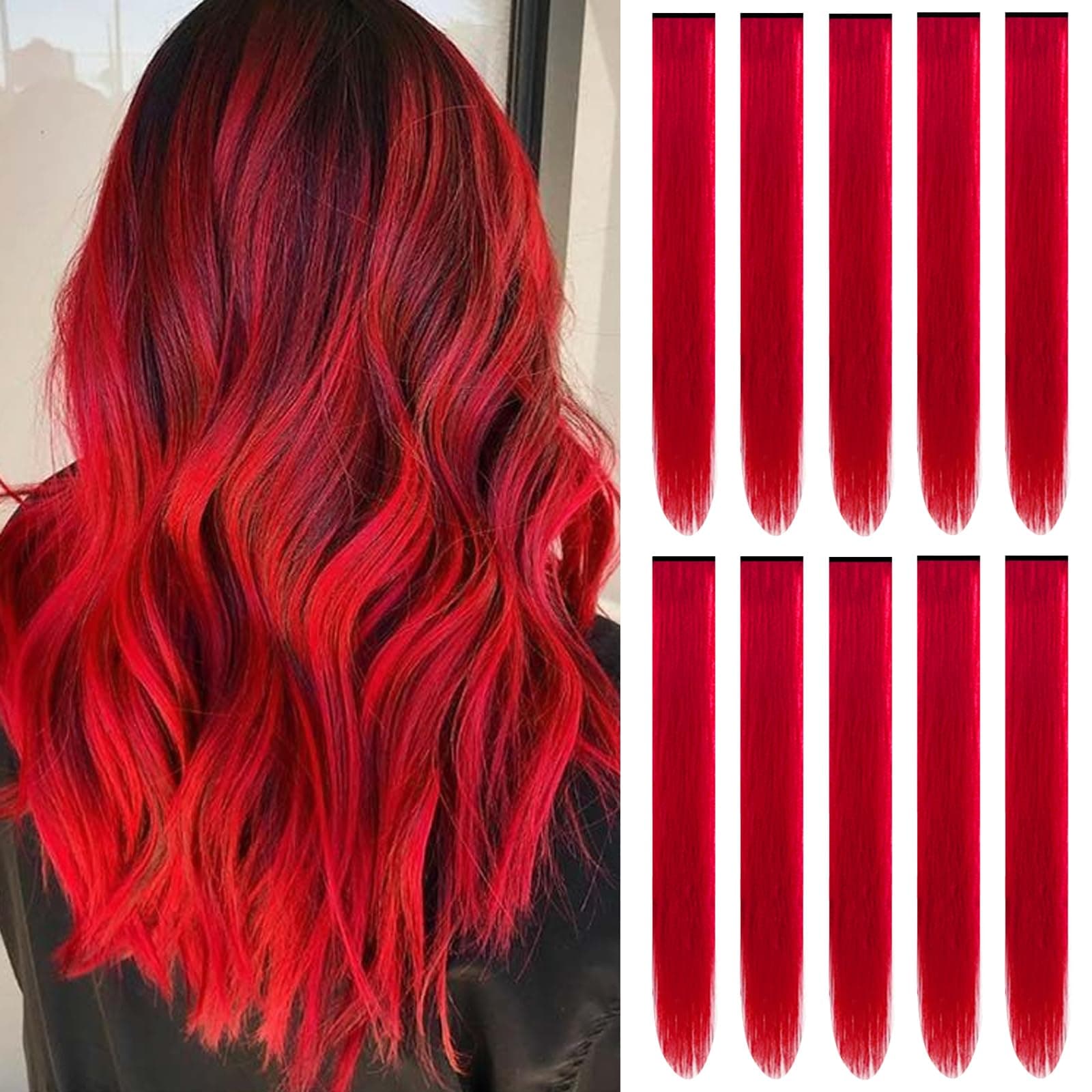22 inch Colored Hair Extensions Straight Hairpiece, Colorful Hair Extensions Party Highlights Clip in Long Synthetic Hair Extensions for Girls Women Kids Christmas New Year Gift(10 PCS Red)