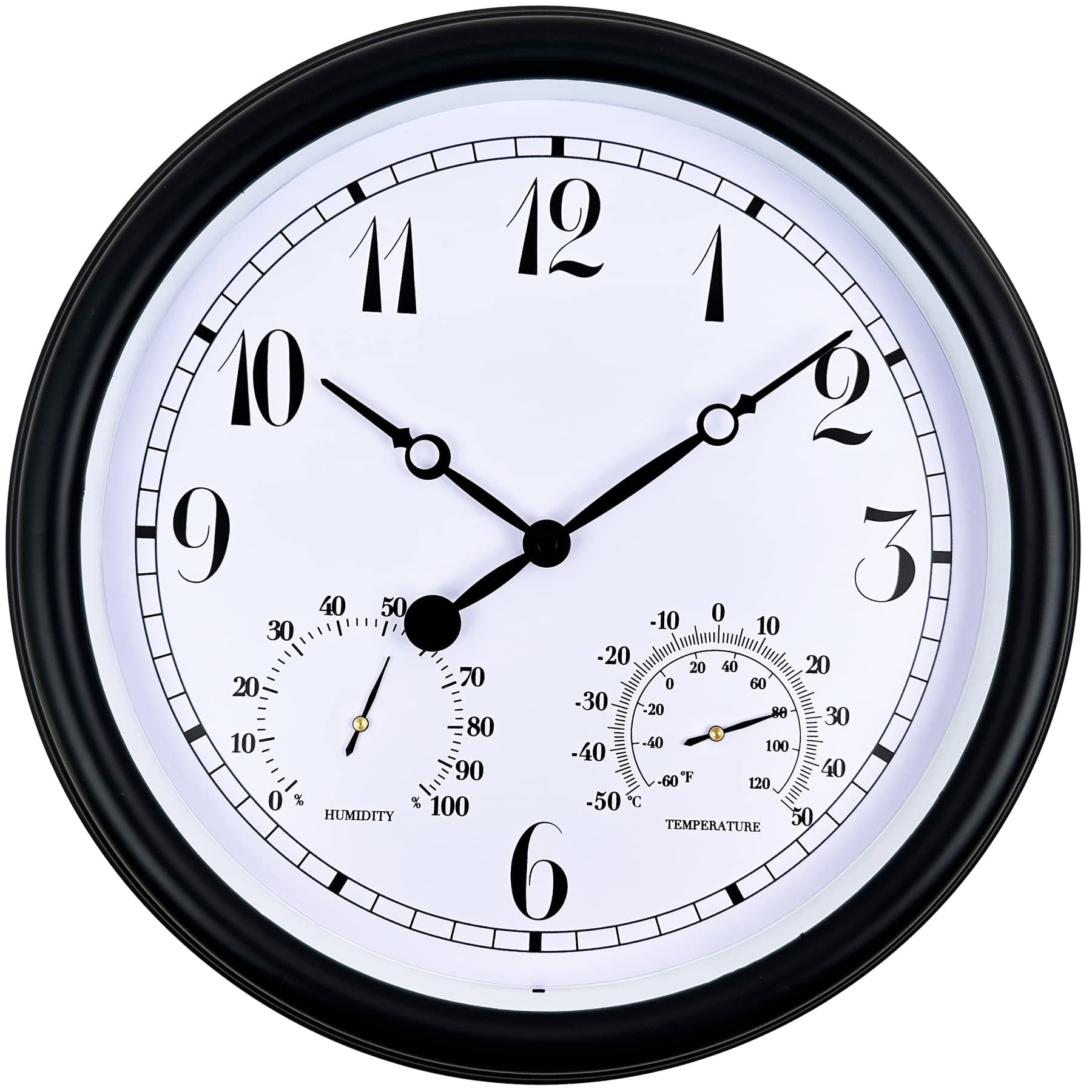 15 Inch Indoor/Outdoor Waterproof Wall Clock, Outdoor Clock with Thermometer and Hygrometer Combo, Retro Round Silent Battery Operated Quartz Wall Clock for Patio Home Bathroom Porch Pool (Black)