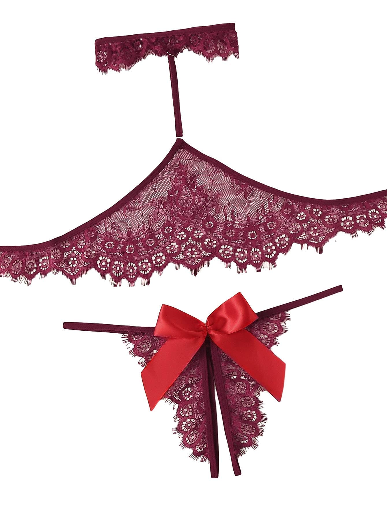 Lilosy Women's Sexy Bow Choker Halter Floral Lace Sheer Lingerie Set See Through Bra and Panty 2 Piece Burgundy Large