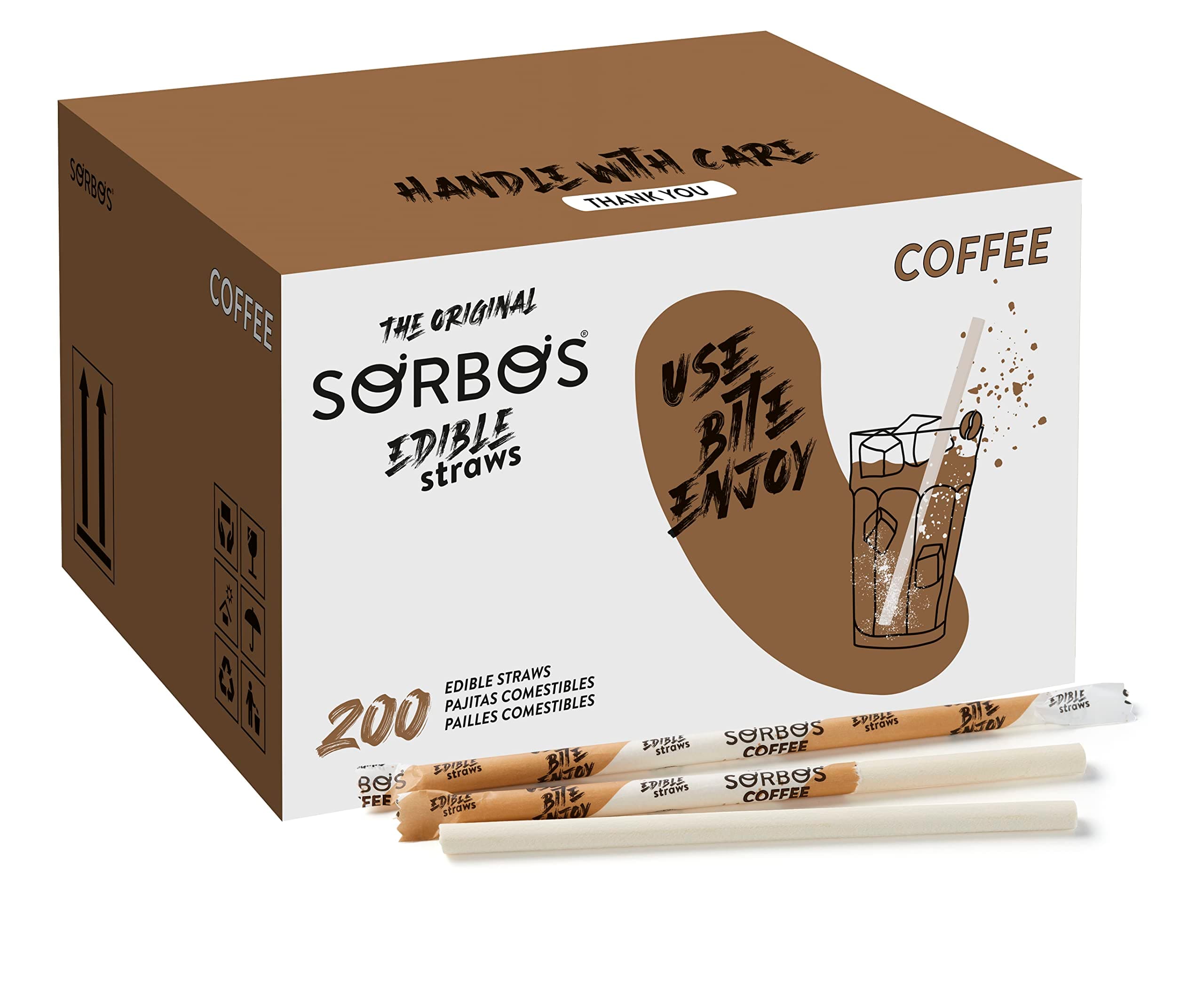 Sorbos Edible Straws, Coffee Flavored, Sustainable, Individually Packaged, No Plastic, No Allergens, No Gluten, No PFAS, Eco Friendly, 7.4 inches long (Pack of 200)