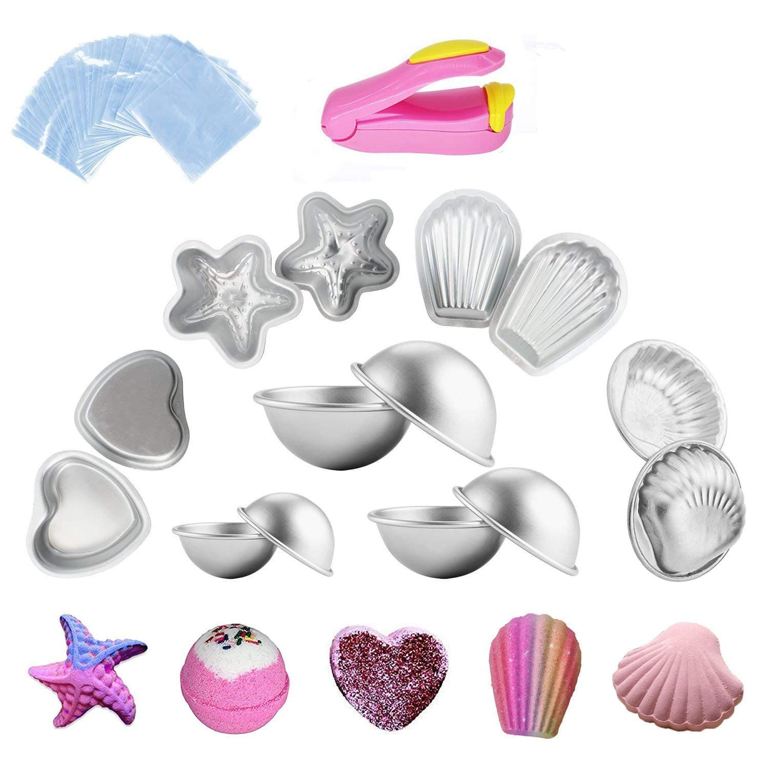 Metal Bath Bomb Mold 14 PCS(6 Hemispheres, 2 Starfish, 2 Heart, 2 Shell, 2 Scallop) with 100 Shrink Wrap Bags for Bath Bombs Handmade Soaps and Cake