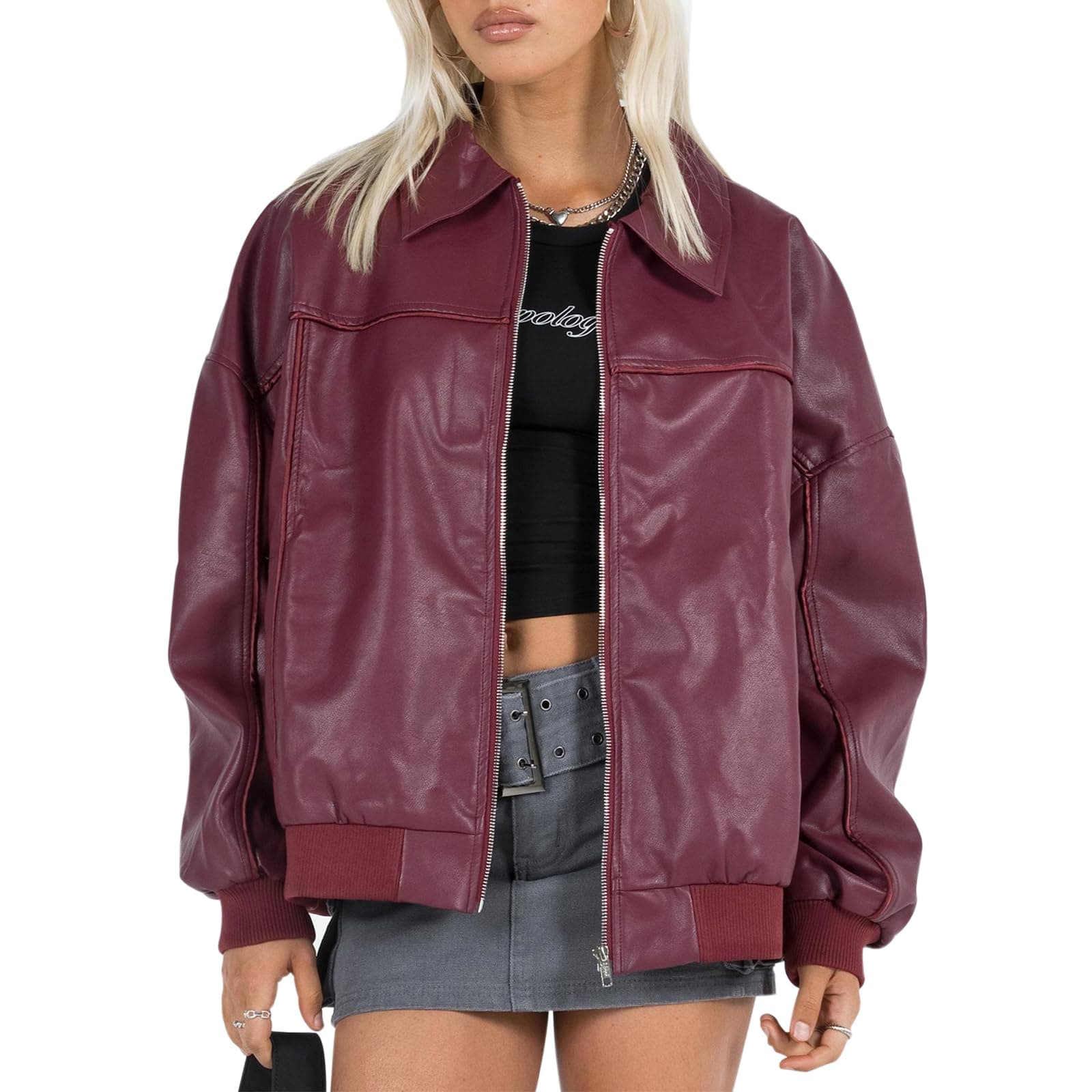 ZZEVOLSSWomen Oversized Leather Jacket Zip Up Motorcycle Bomber Coats Faux Pu Leather Moto Jacket Trendy Fall Winter Outwear