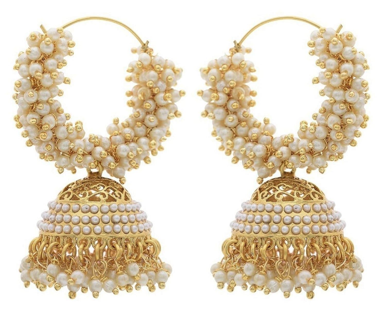 WUJO Pearl Beaded Gold Plated Jhumka Bali Hoop Earrings Jewellery for Women and Girl