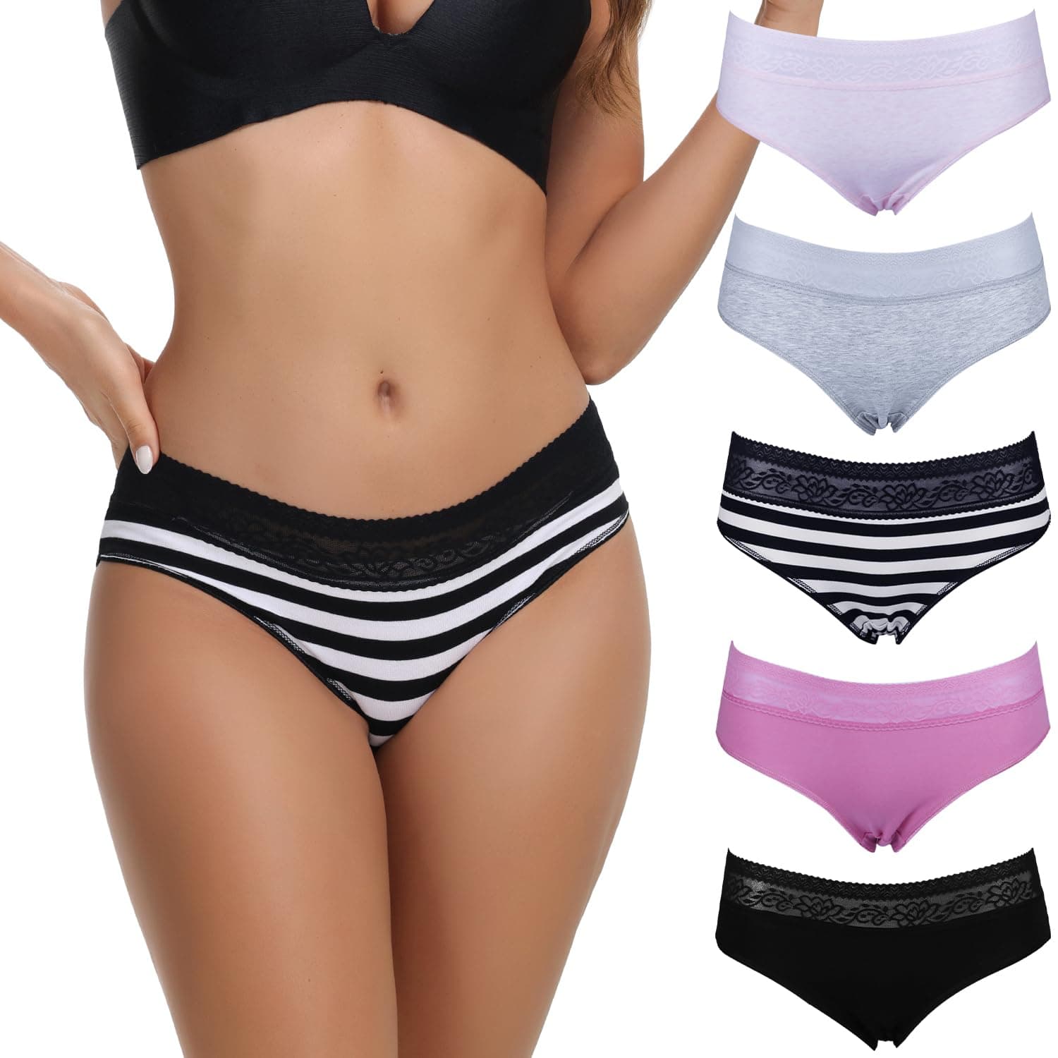 Women’s Underwear Cotton Panties Lace Soft Hipster Panty Ladies Stretch Full Briefs 5 Pack