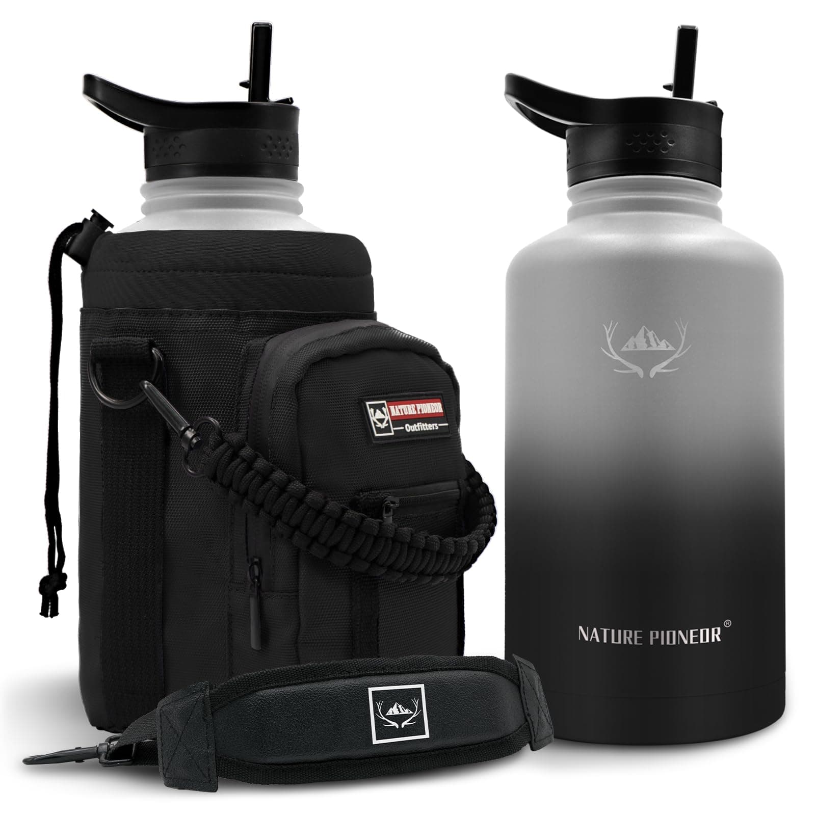NATURE PIONEOR Insulated Water Bottles with Straw - 64oz Stainless Steel Vacuum Bottle with Holder/Carrier/Sleeve - Reusable 18/8 Food Grade Half Gallon Water Jug