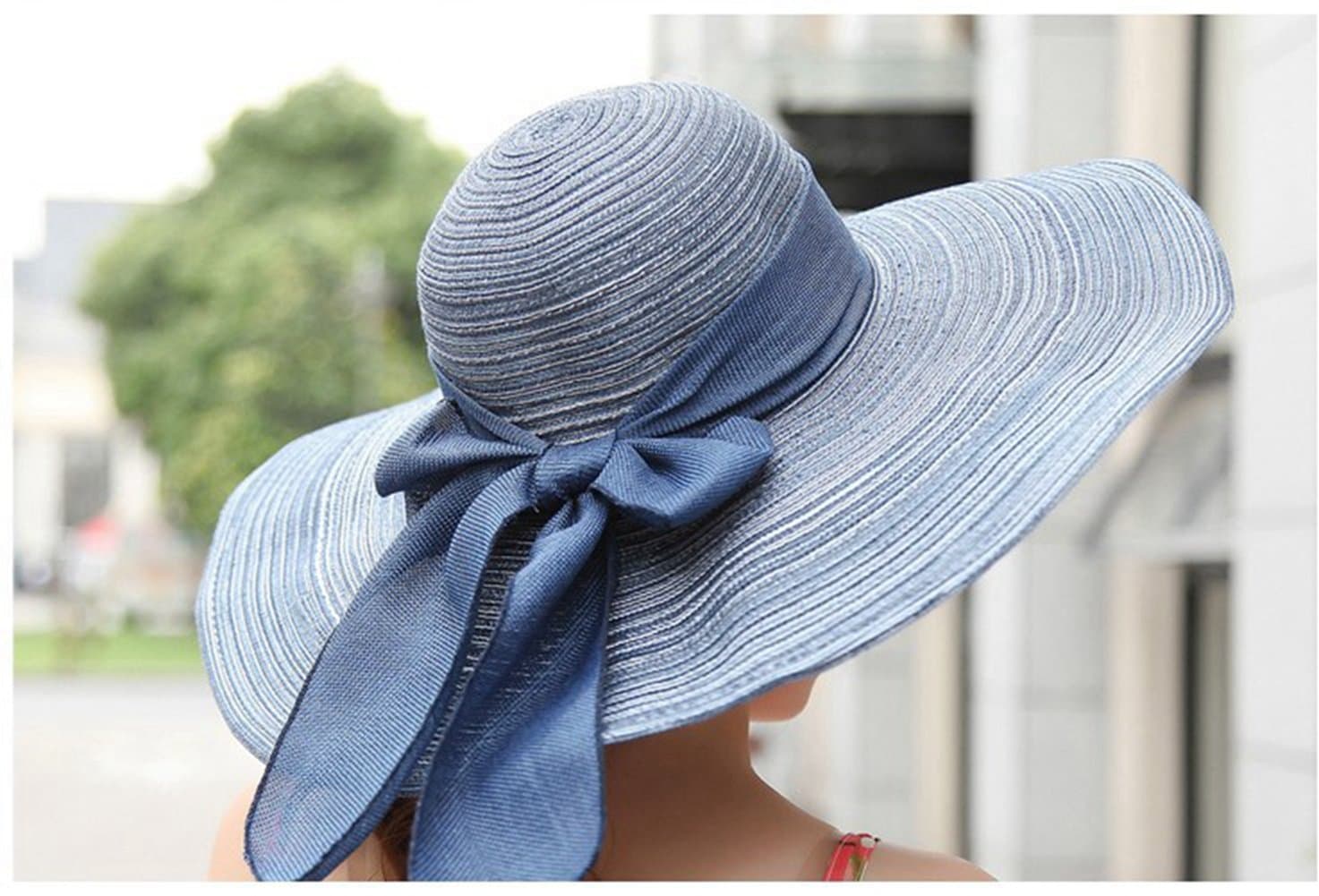 KitMax (TM Women Fashion Bowknot Decor Summer Outdoor UV Protect Beach Sun Large Brimmed Foldable Cap Hat (Blue)