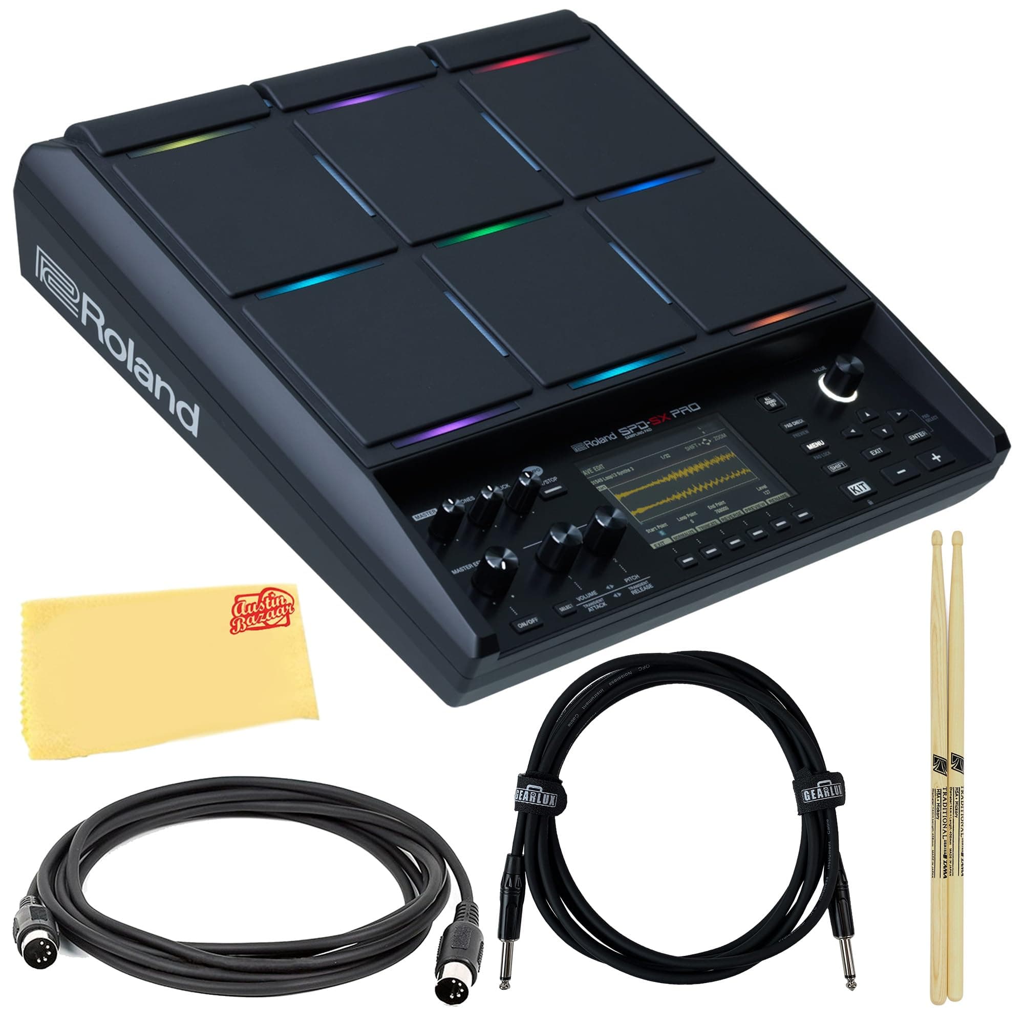 SPD-SX PRO Sampling Pad Bundle With Drumsticks, MIDI Cable, Instrument Cable, and Austin Bazaar Polishing Cloth