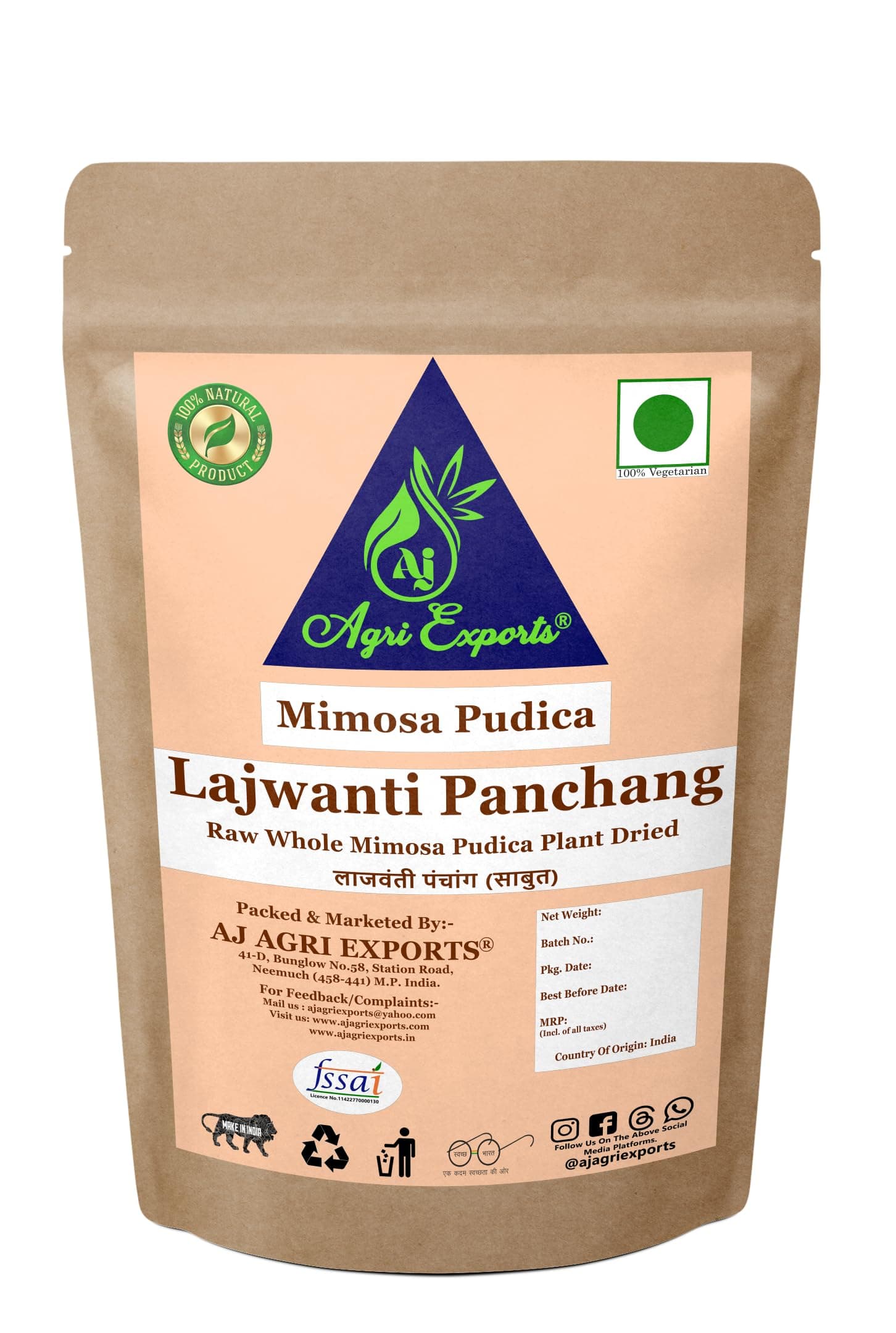 AJ AGRI EXPORTS Lajwanti Panchang - Raw Lajvanti Panchang - Mimosa Pudica Plant In Dry Form - Chui Mui Panchang - लाजवंती पंचांग 100 Grams
