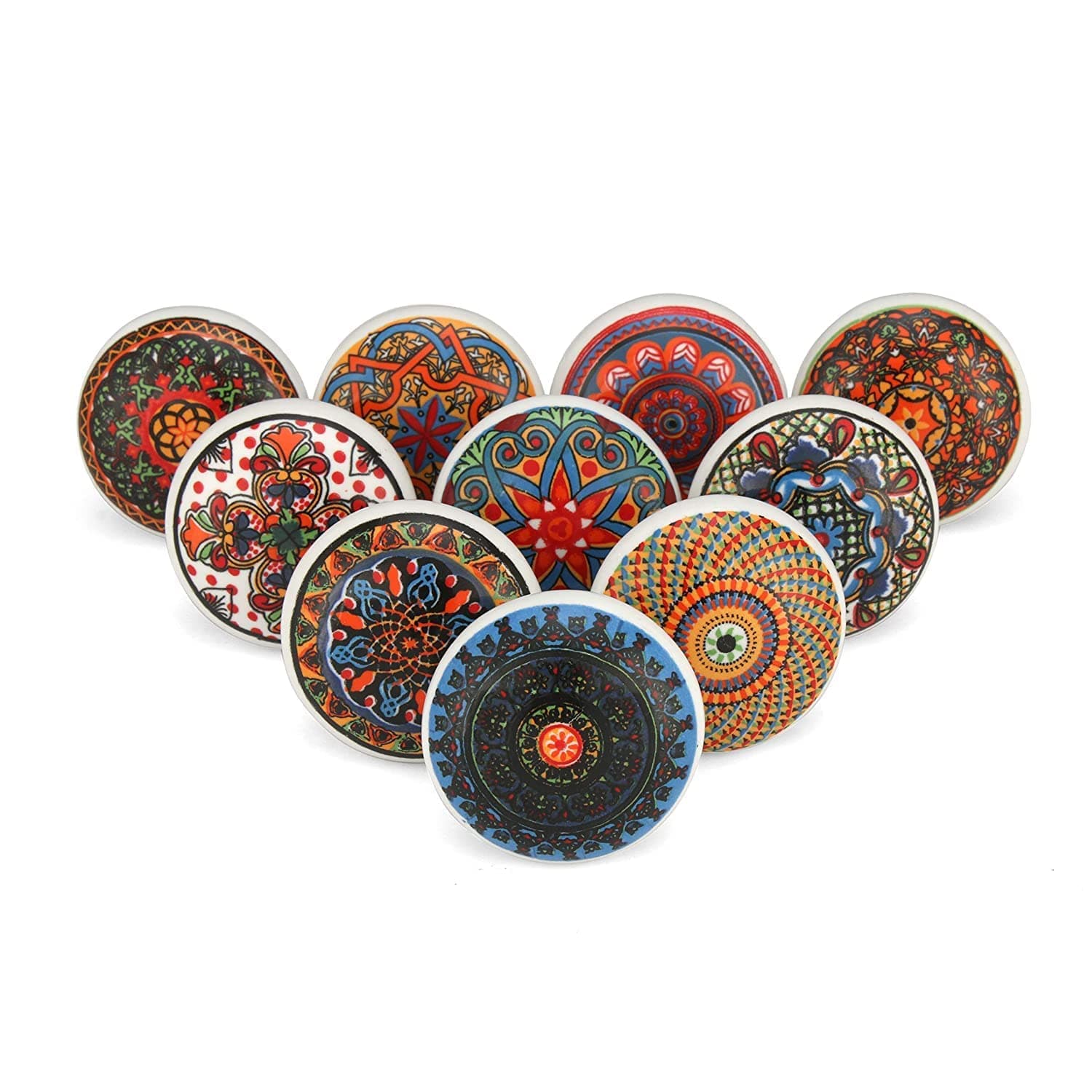 Craft Trade Cabinet Knobs - Assorted Decorative Cupboard Knobs Red Mandala Colorful Ceramic Door Pull Handle for Kitchen Drawers Wardrobe Furniture Hardware - Multicolor - Pack of 10