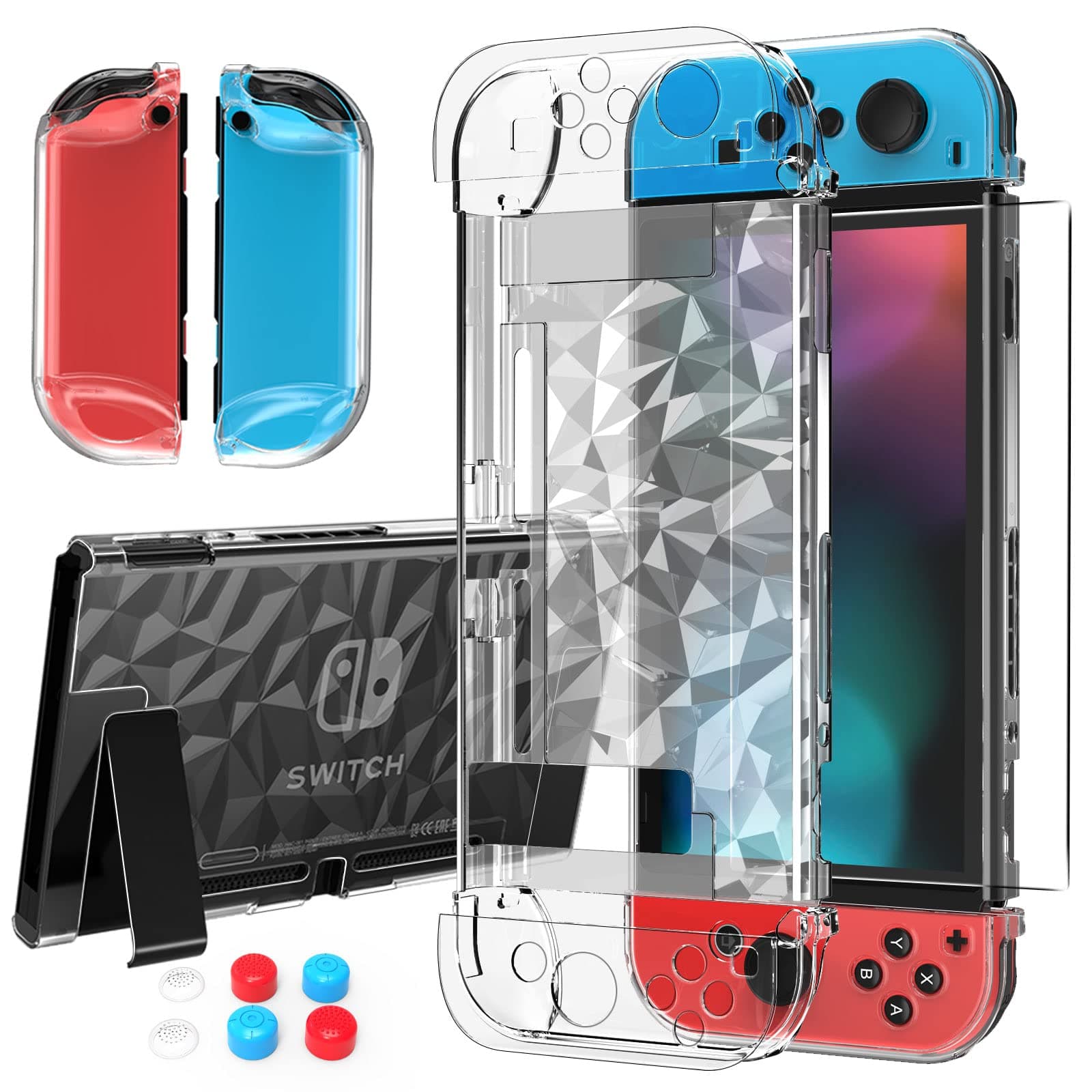 HEYSTOP Case Compatible with Nintendo Switch Dockable Clear Protective Case Cover Compatible with Nintendo Switch and Controller with a Switch Tempered Glass Screen Protector and Thumb Stick Caps